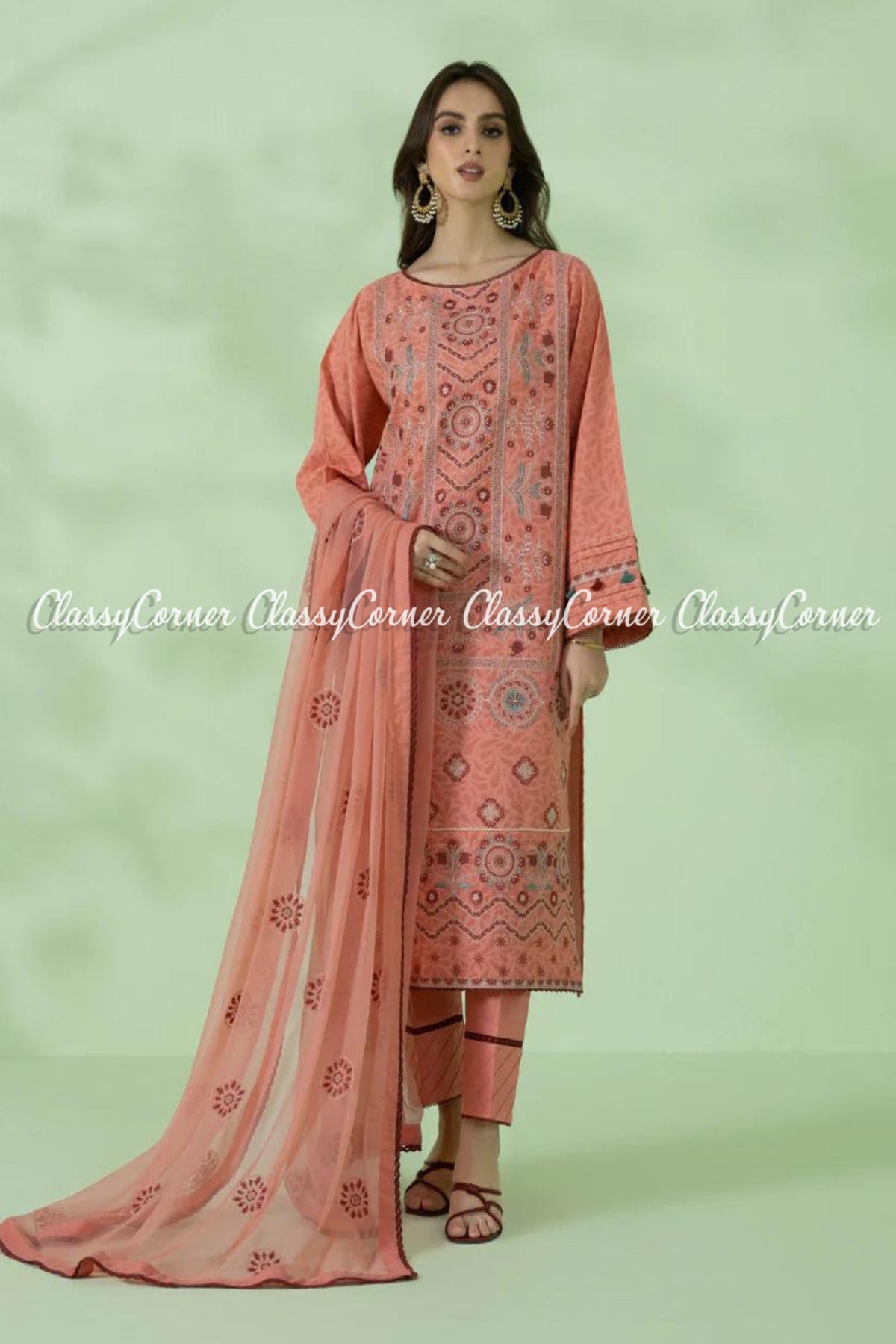 Peach Multicolor Lawn Embroidered Salwar Kameez Outfit