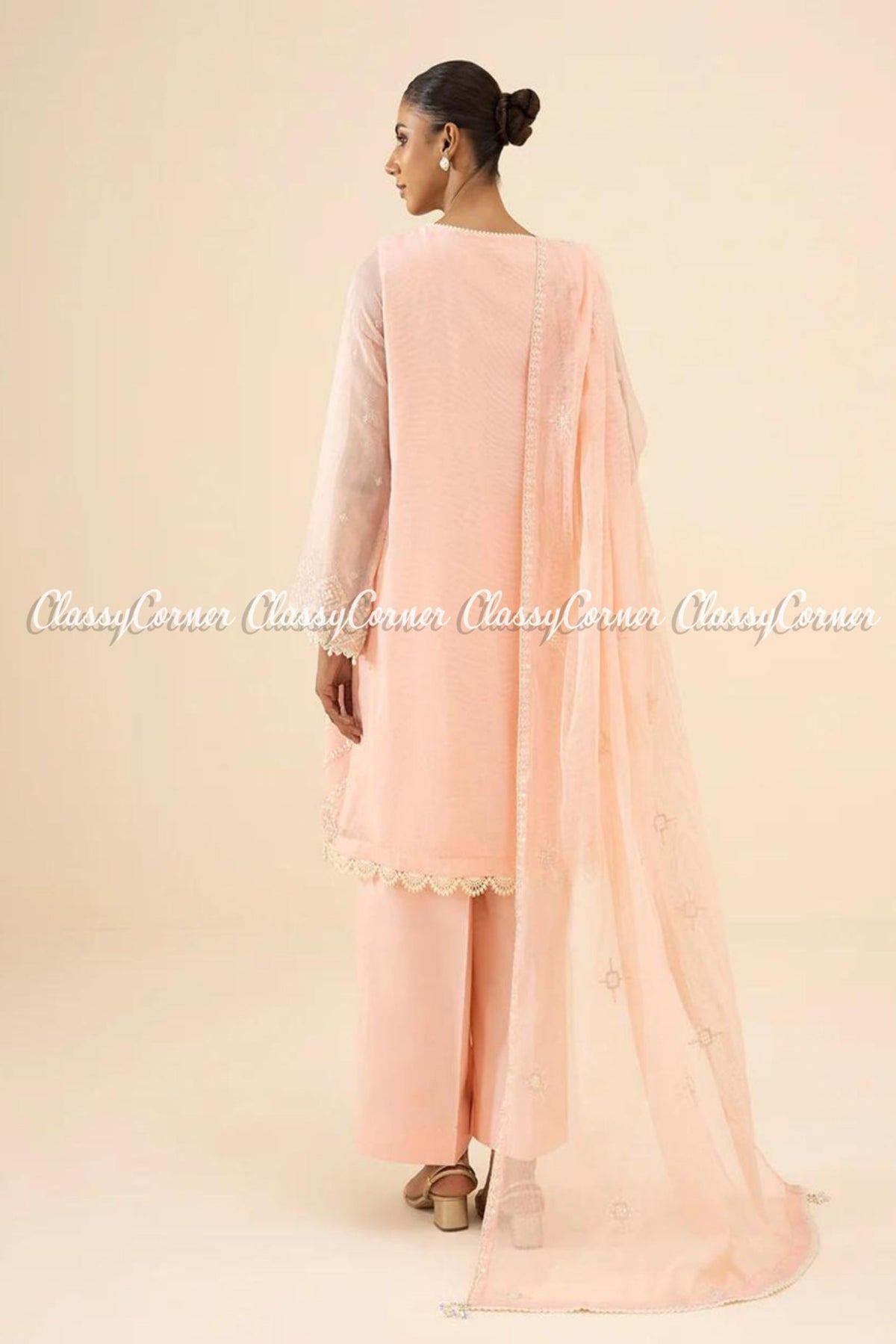 Peach White Net Embroidered Pakistani Salwar Kameez Dress