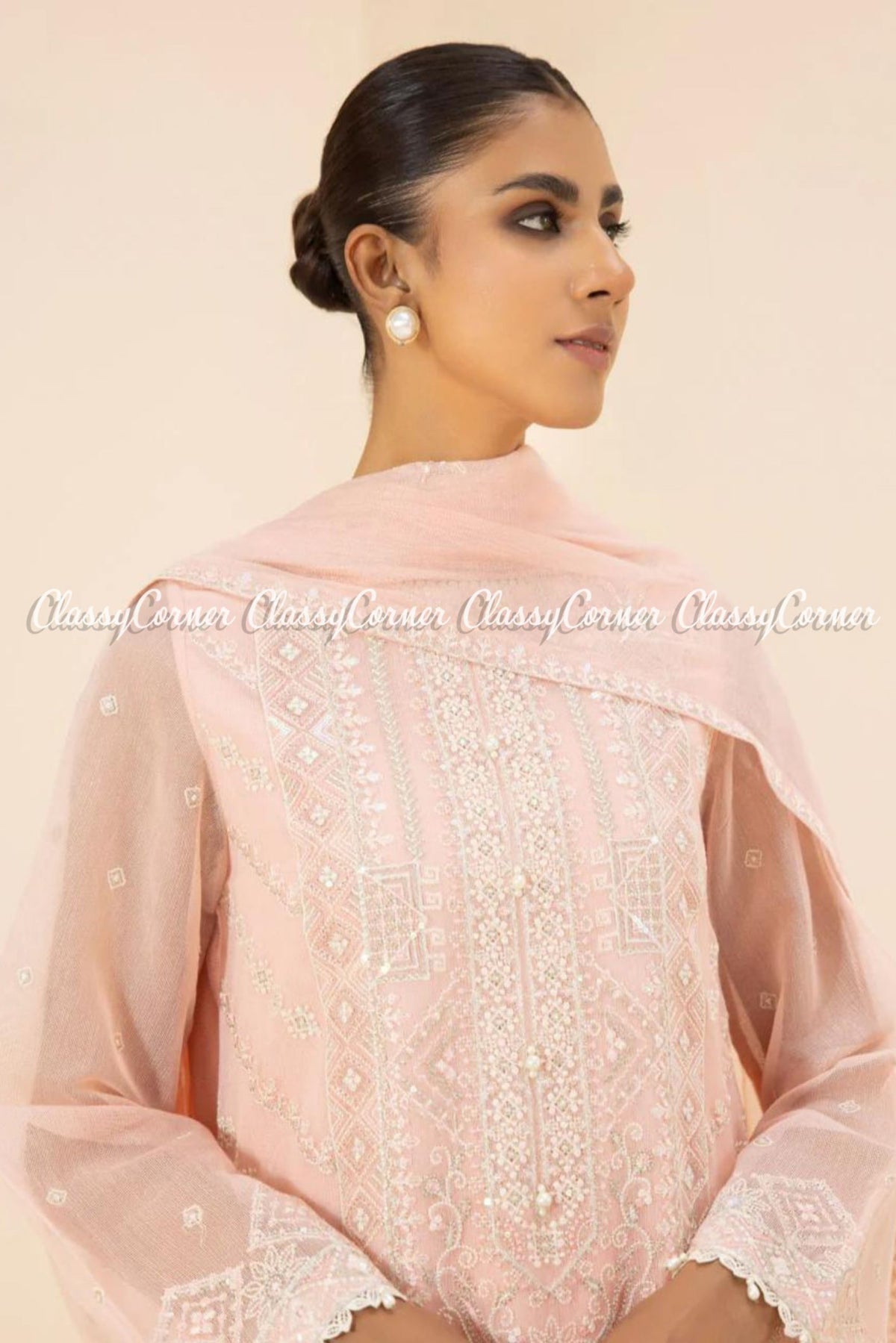 Peach White Net Embroidered Pakistani Salwar Kameez Dress