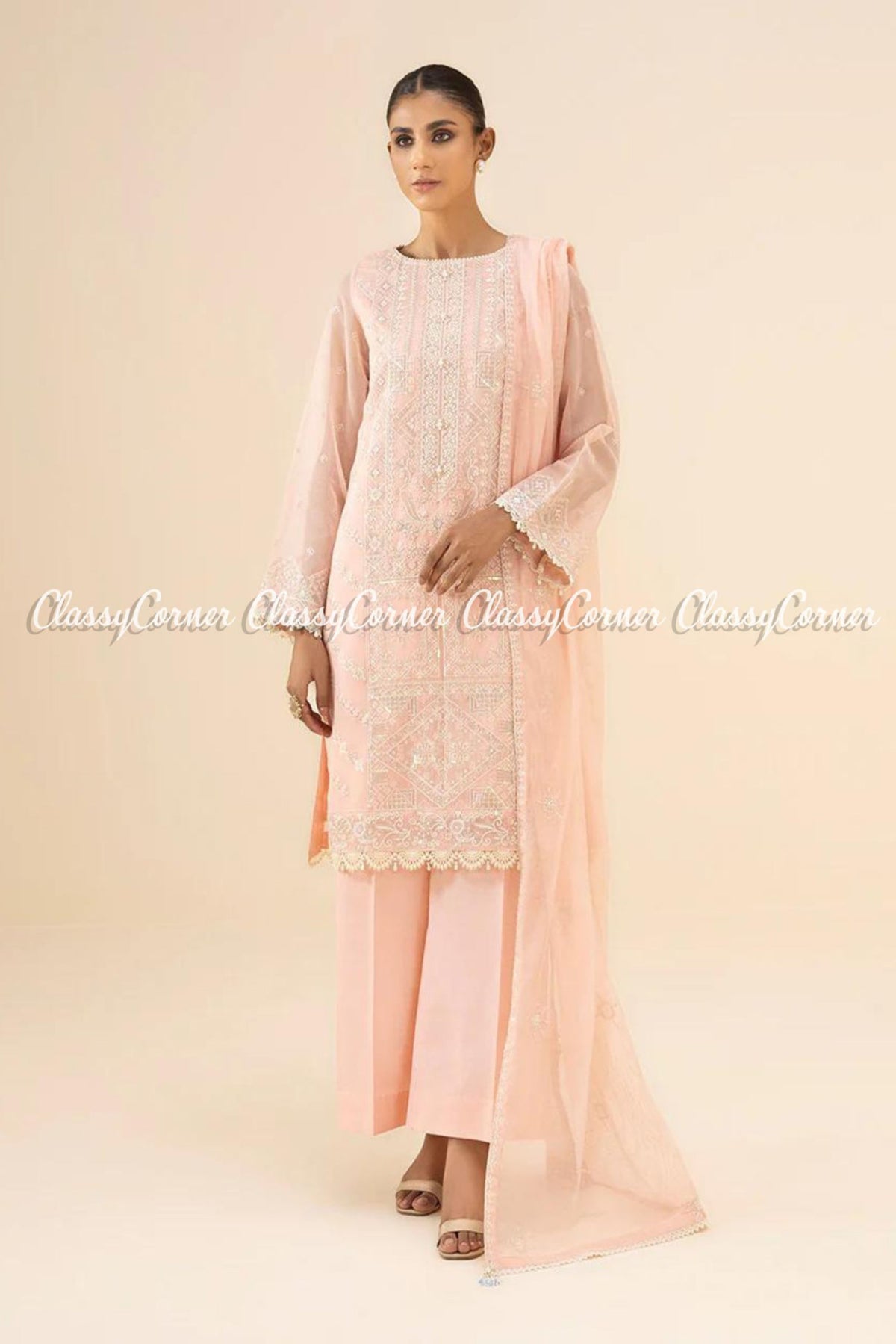 Peach White Net Embroidered Pakistani Salwar Kameez Dress