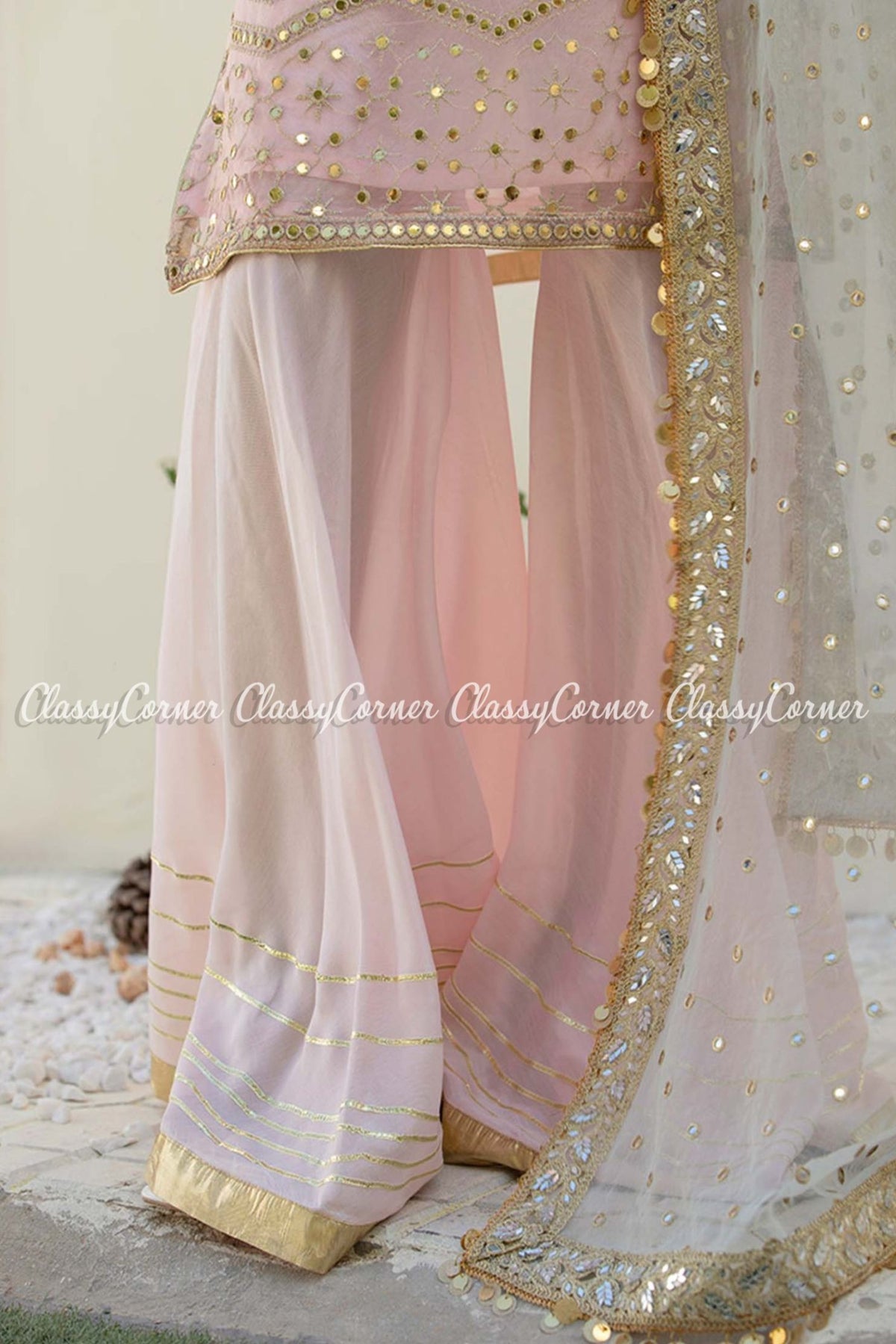 Pink Golden Organza Party Wear Gharara