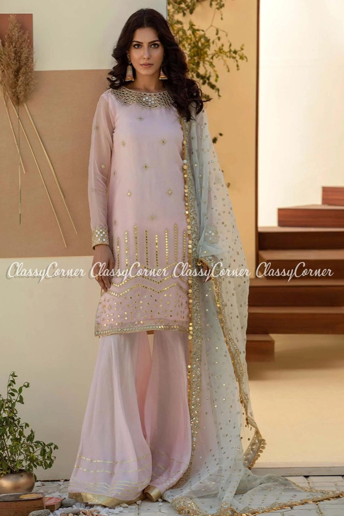 Pink Golden Organza Party Wear Gharara