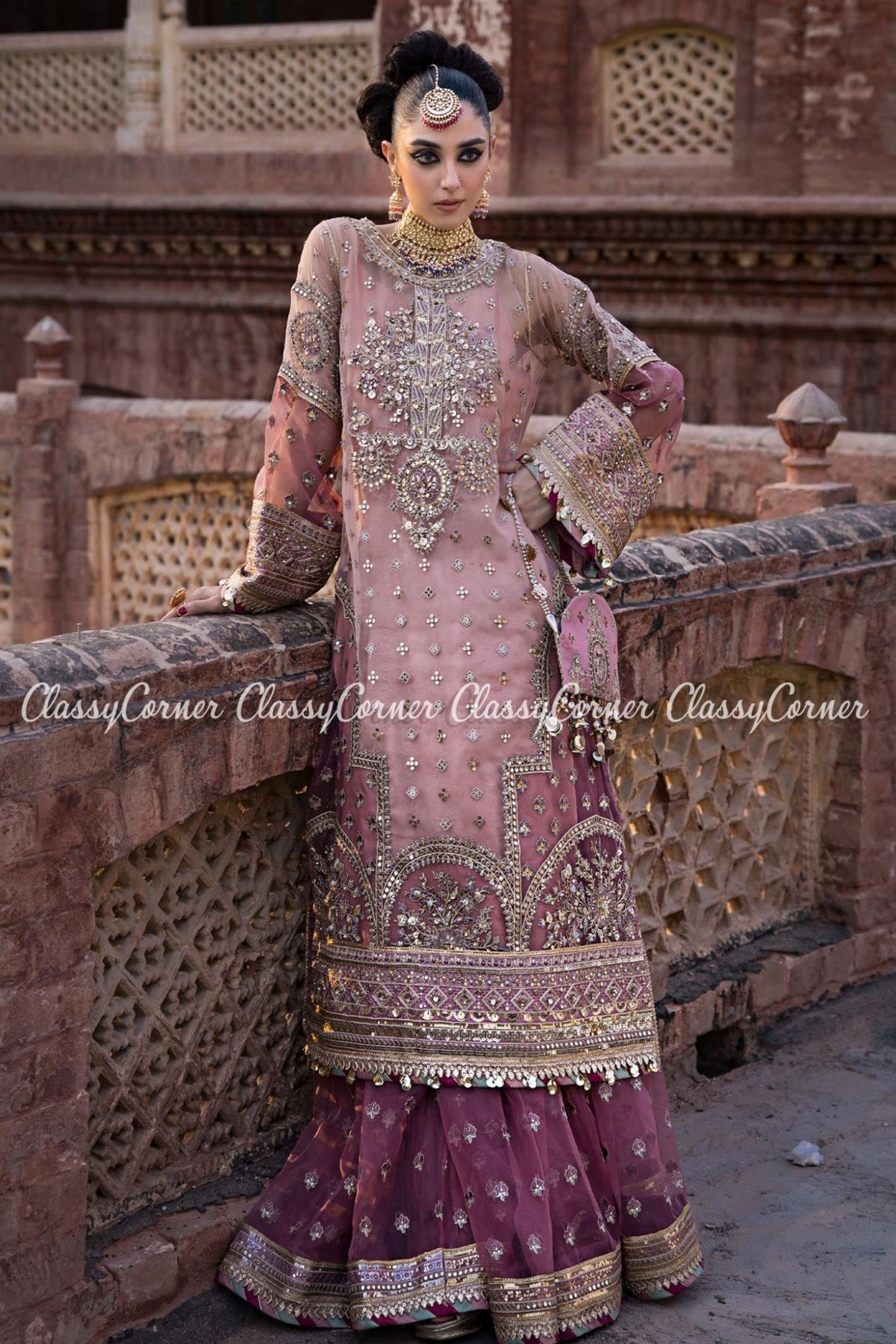 Pink Silver Organza Bridal Wear Gharara