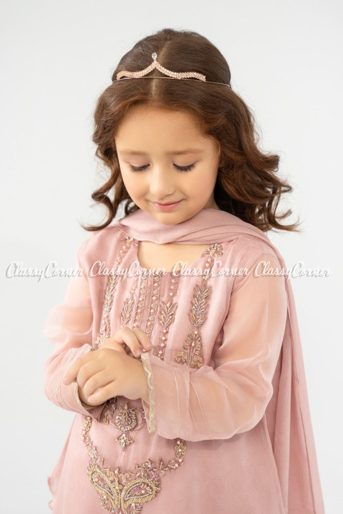 Tea Pink Chiffon Embroidered Girl&#39;s Outfit