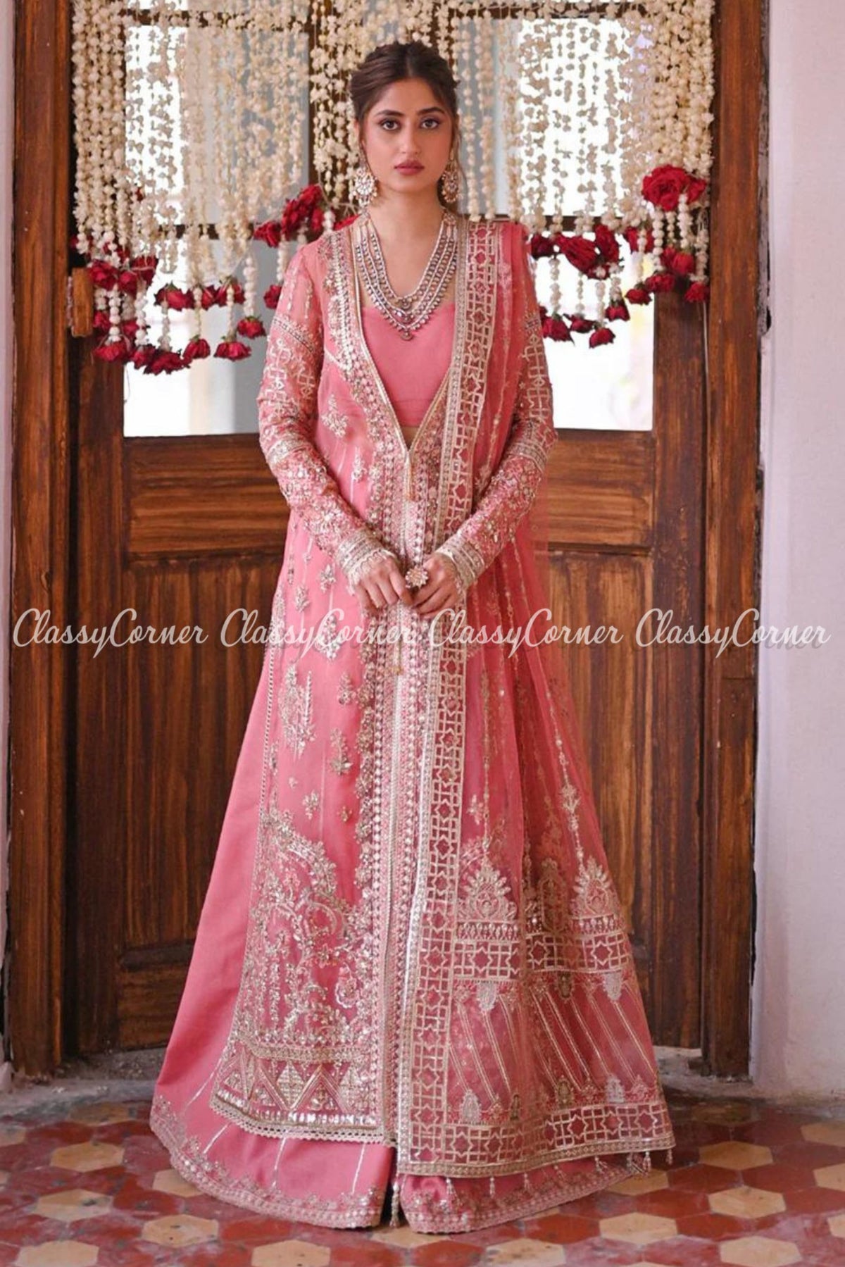 Pink Golden Organza Embroidered Party Wear Sharara Dress