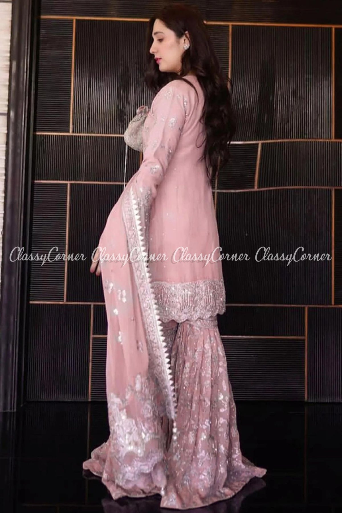 Pink Silver Chiffon Embroidered Readymade Gharara