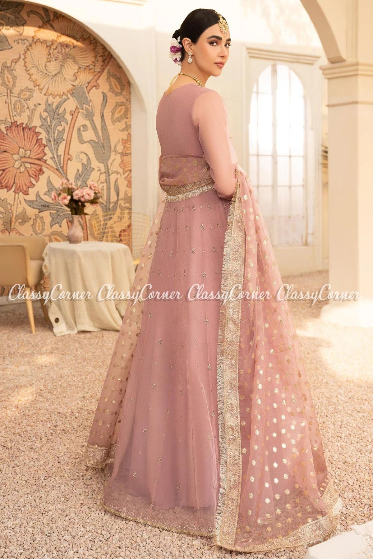 Tea Pink Organza Embroidered Bridal Wear Gown