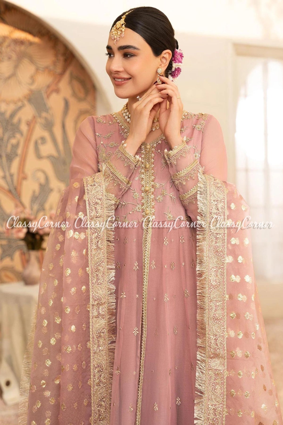 Tea Pink Organza Embroidered Bridal Wear Gown