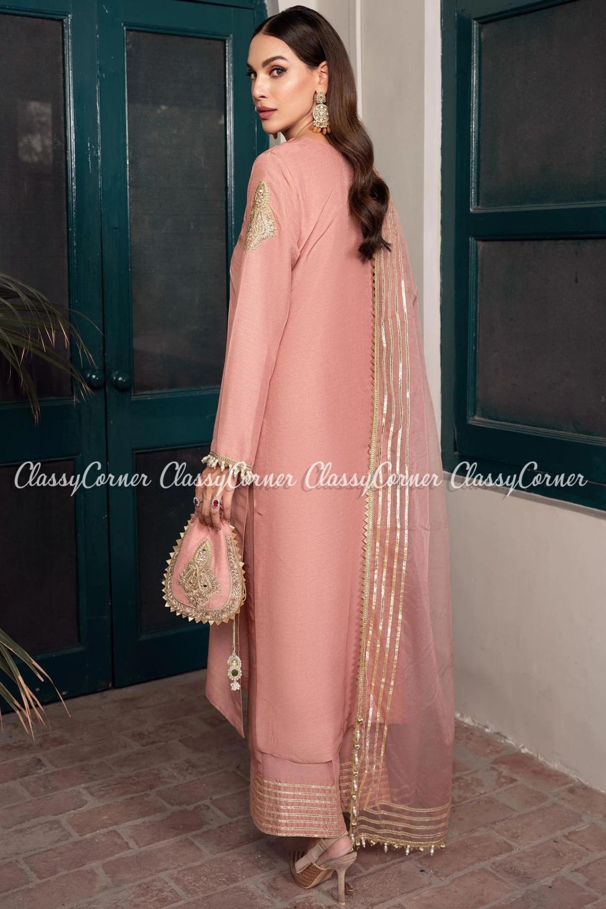 Peach Golden Pakistani Party Wear Salwar Kameez