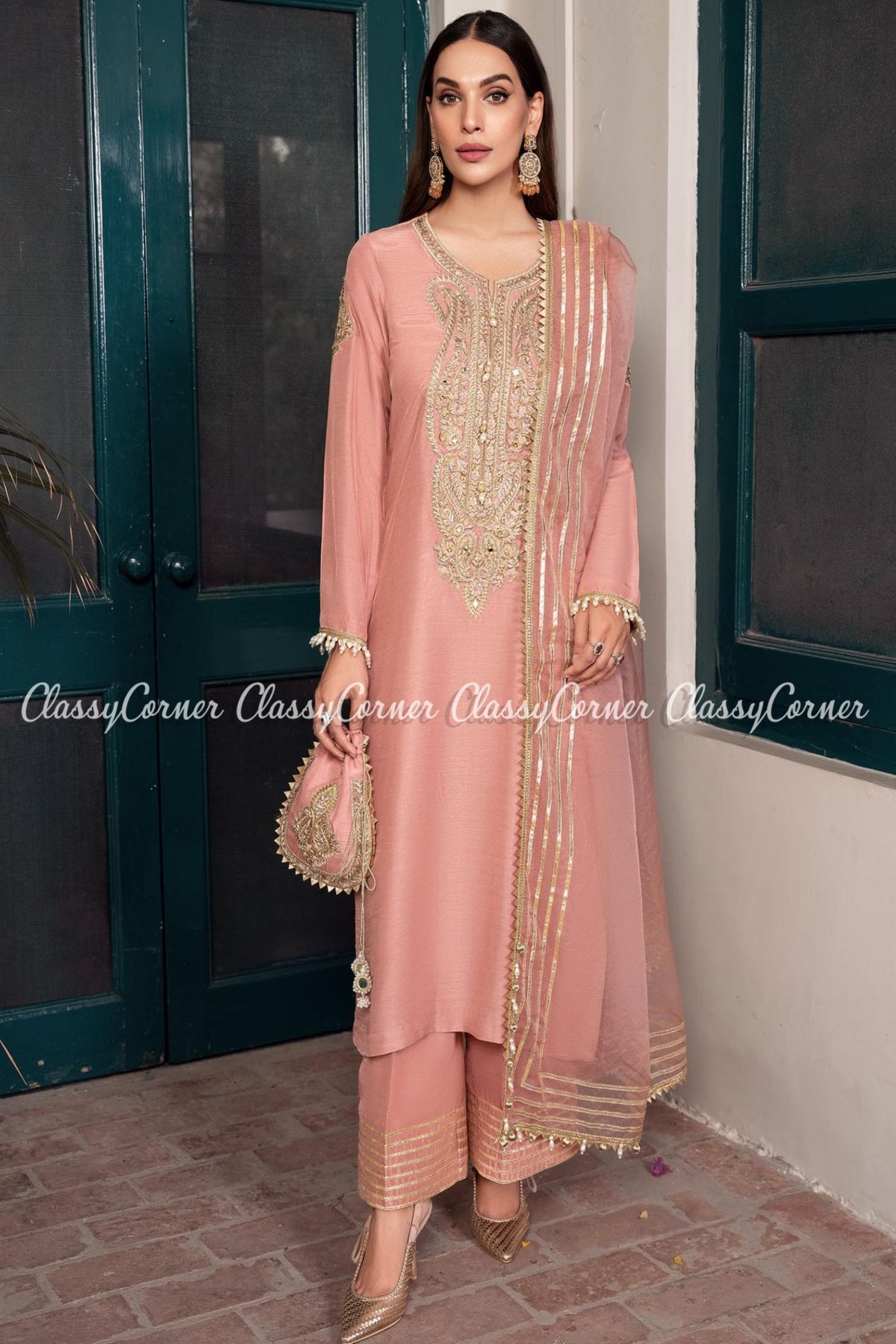 Peach Golden Pakistani Party Wear Salwar Kameez