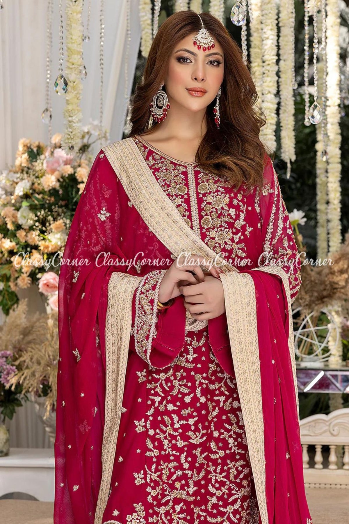 Hot Pink Golden Chiffon Embellished Sharara Outfit