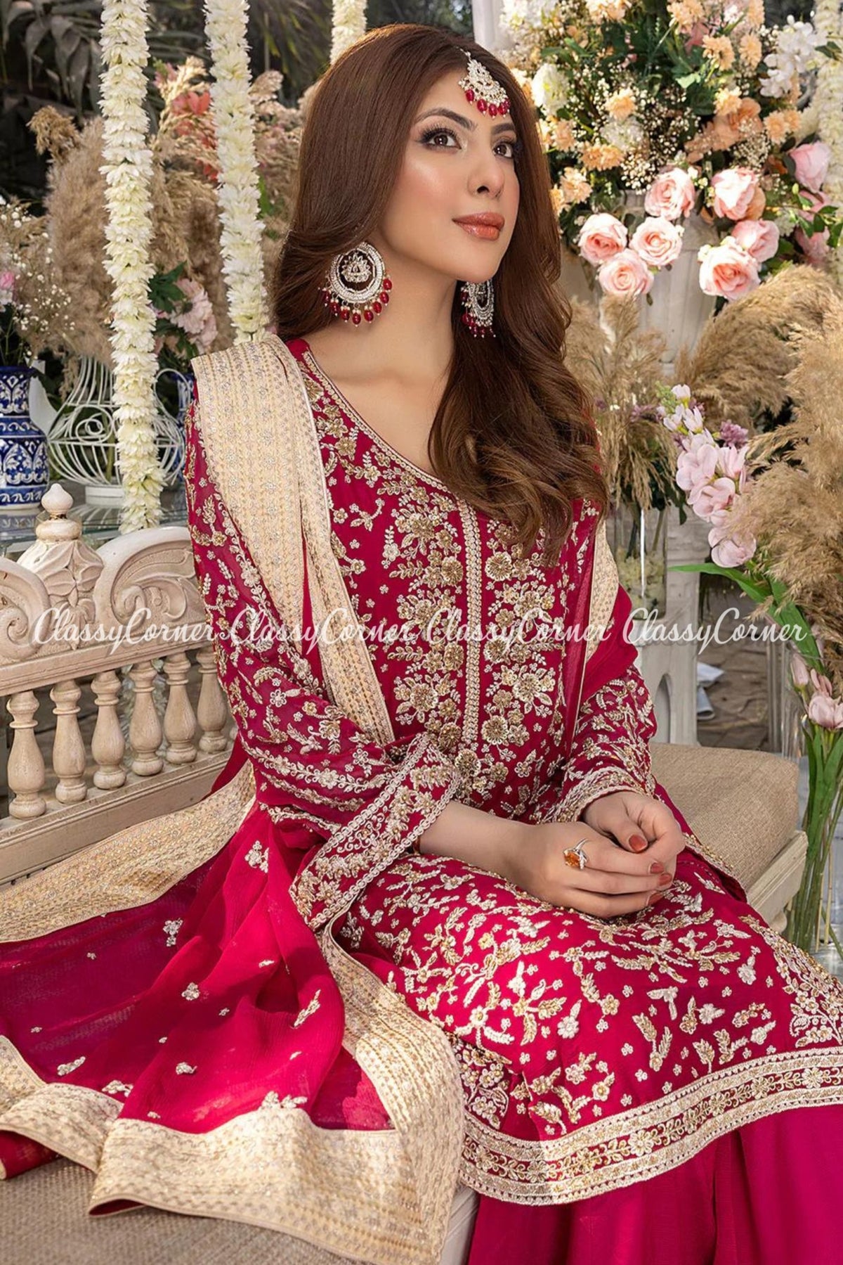 Hot Pink Golden Chiffon Embellished Sharara Outfit