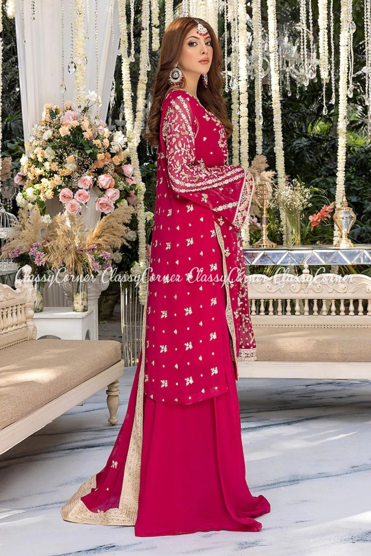 Hot Pink Golden Chiffon Embellished Sharara Outfit