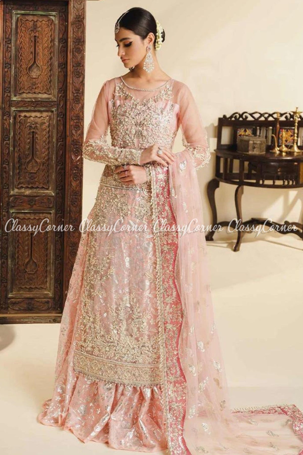 Soft Pink Golden Net Embellished Wedding Wear Sharara