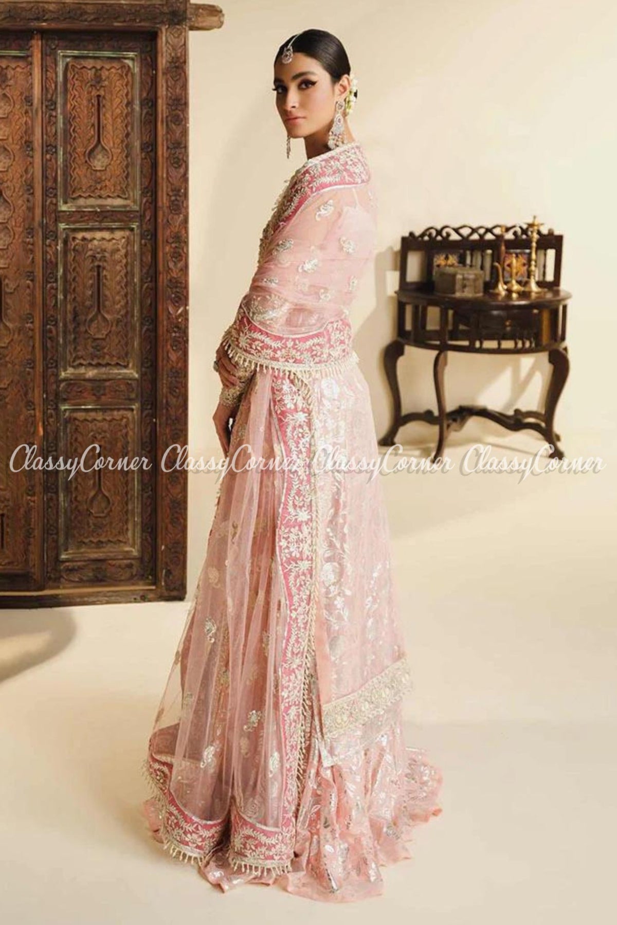 Soft Pink Golden Net Embellished Wedding Wear Sharara