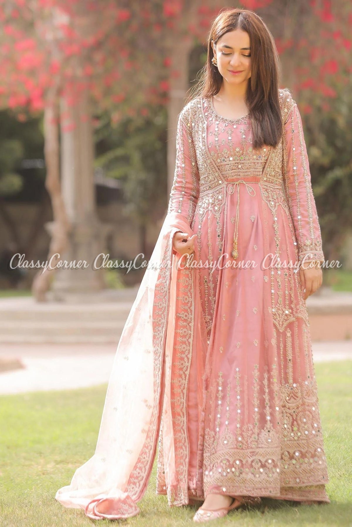 Light Pink Net Embroidered Wedding Wear Gown