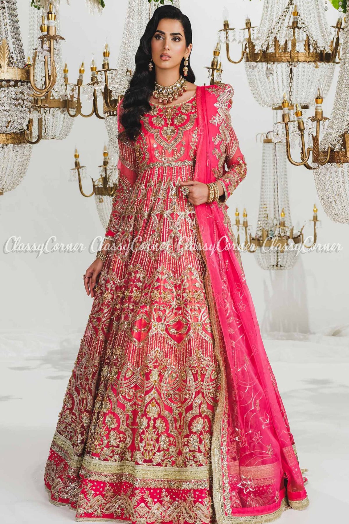 Bright Pink Golden Organza Embellished Bridal Wear Gown