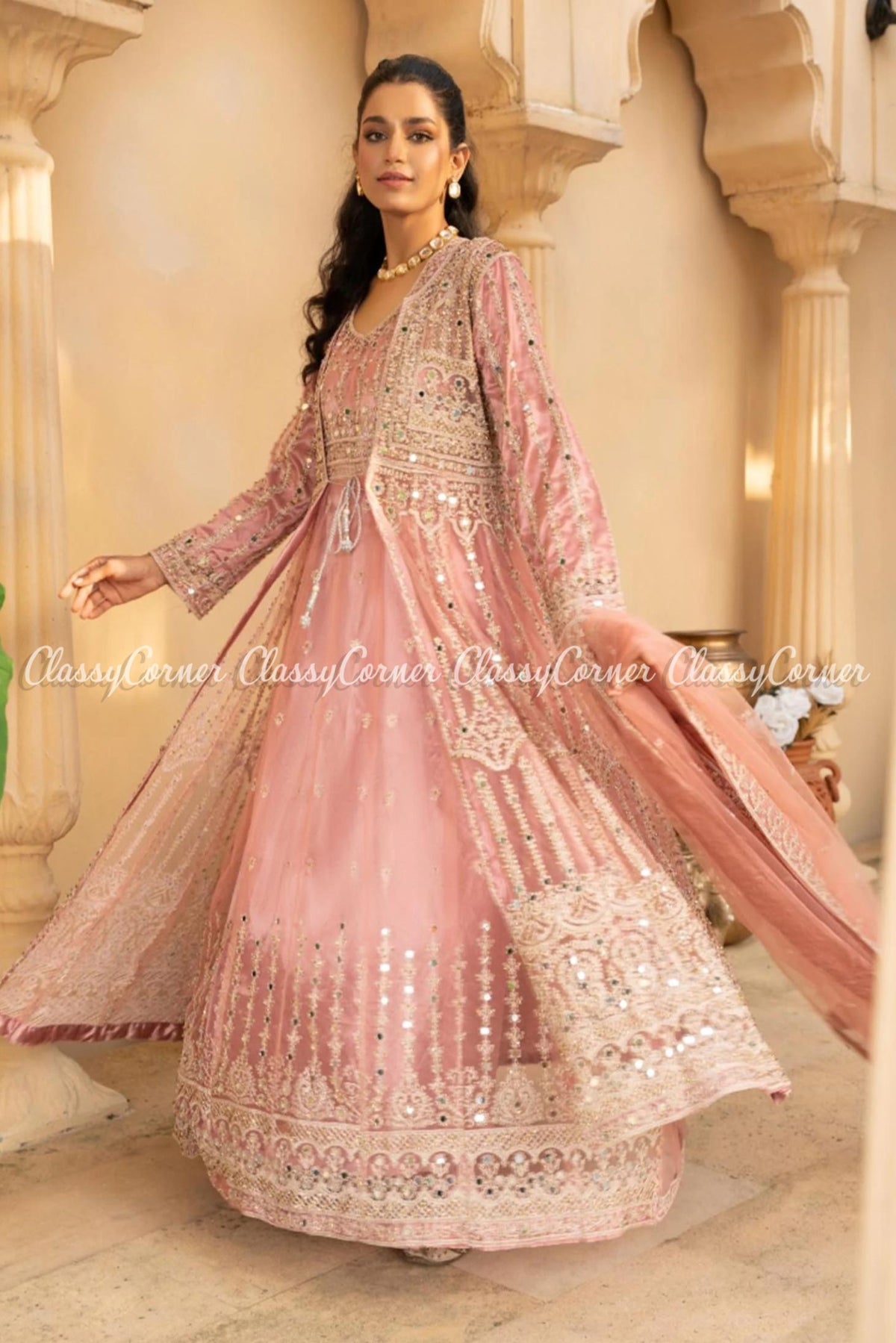 Light Pink Net Embroidered Wedding Wear Gown