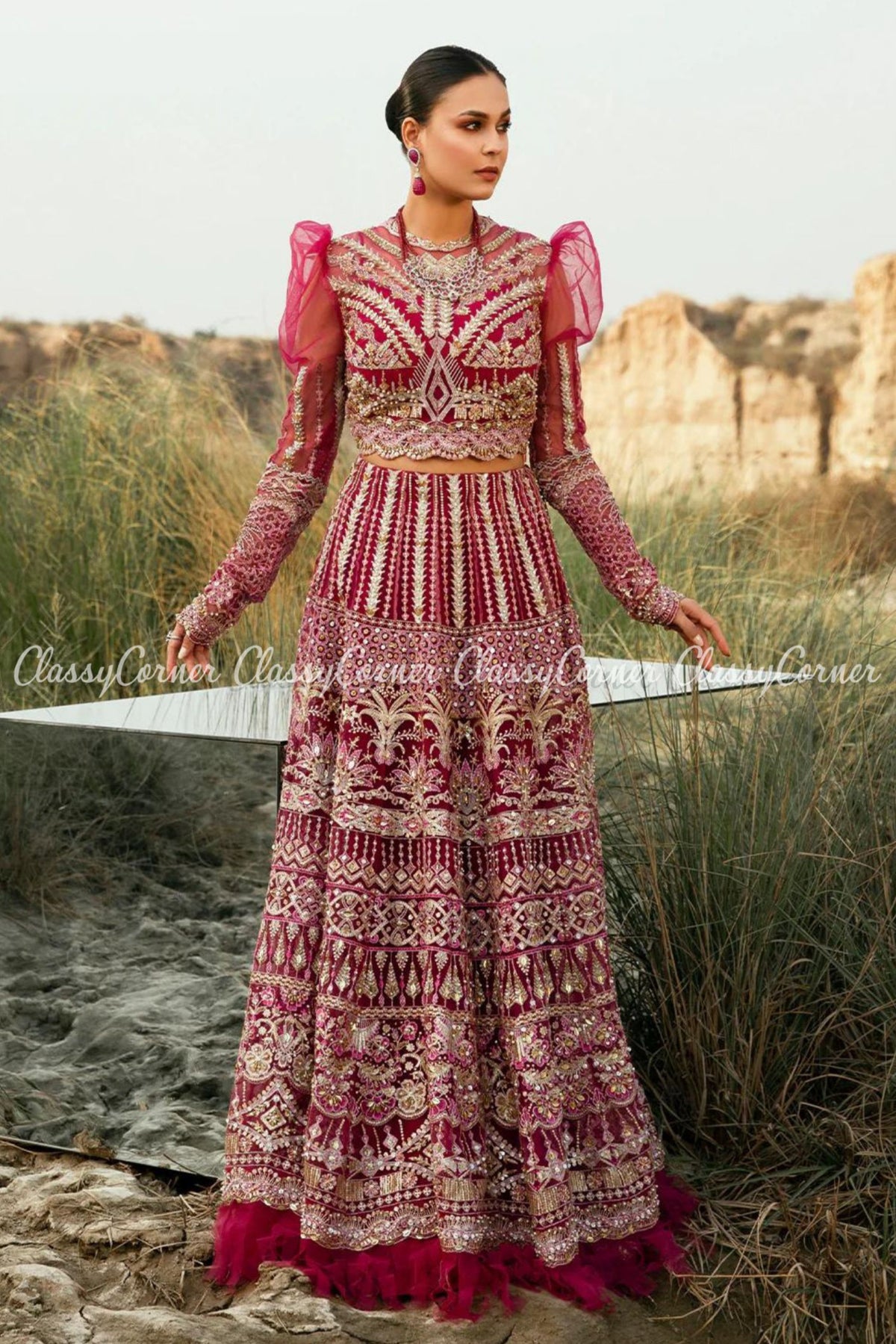 Hot Pink Silver Gold Net Embellished Wedding Wear Lehenga