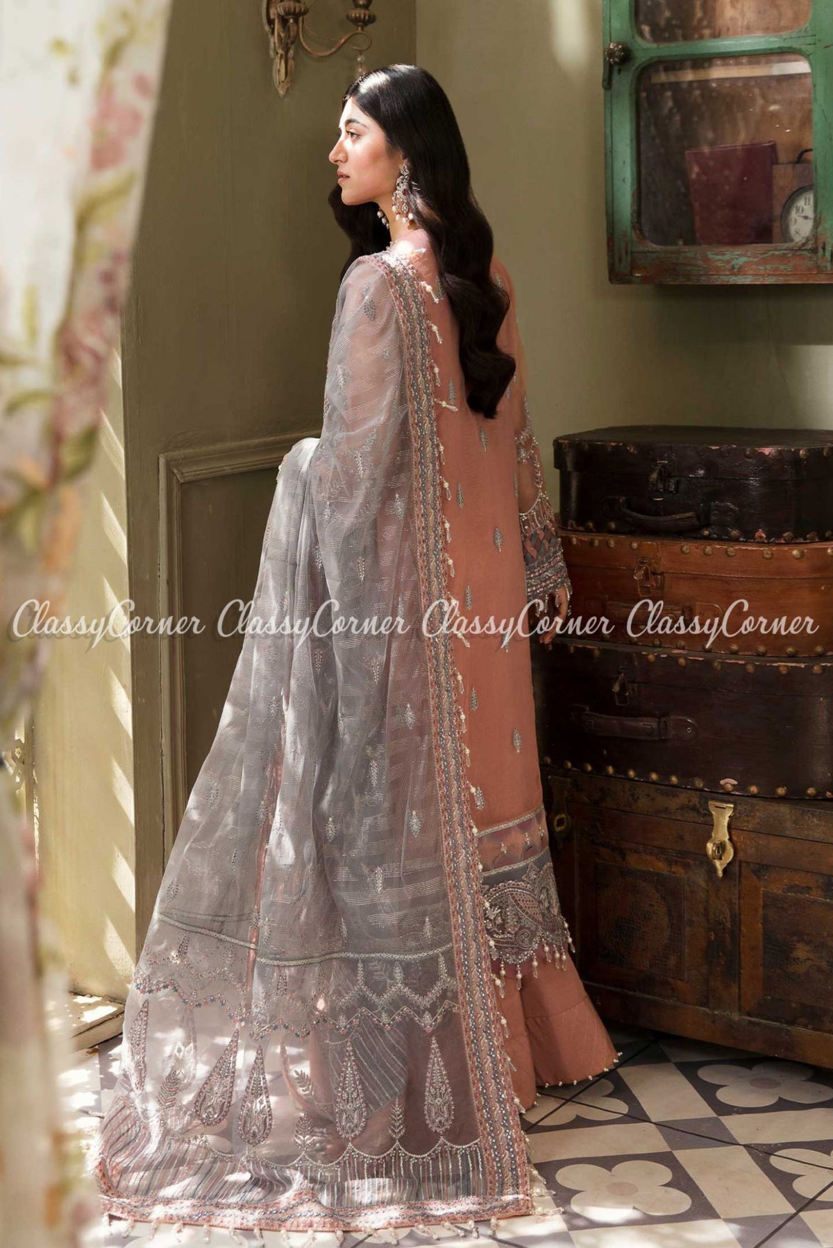 Pakistani Pink Mauve Organza Net Embroidered Salwar Kameez