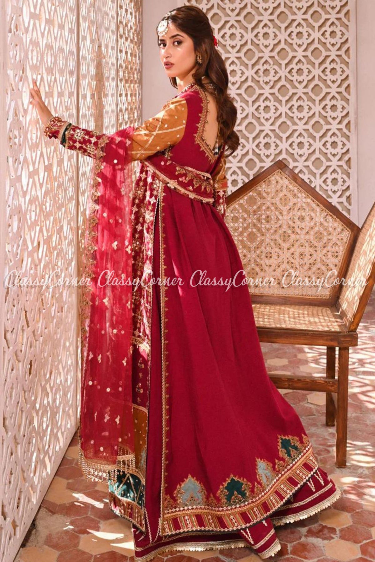 Hot Pink Orange Gota Work Wedding Wear Sharara Outfit