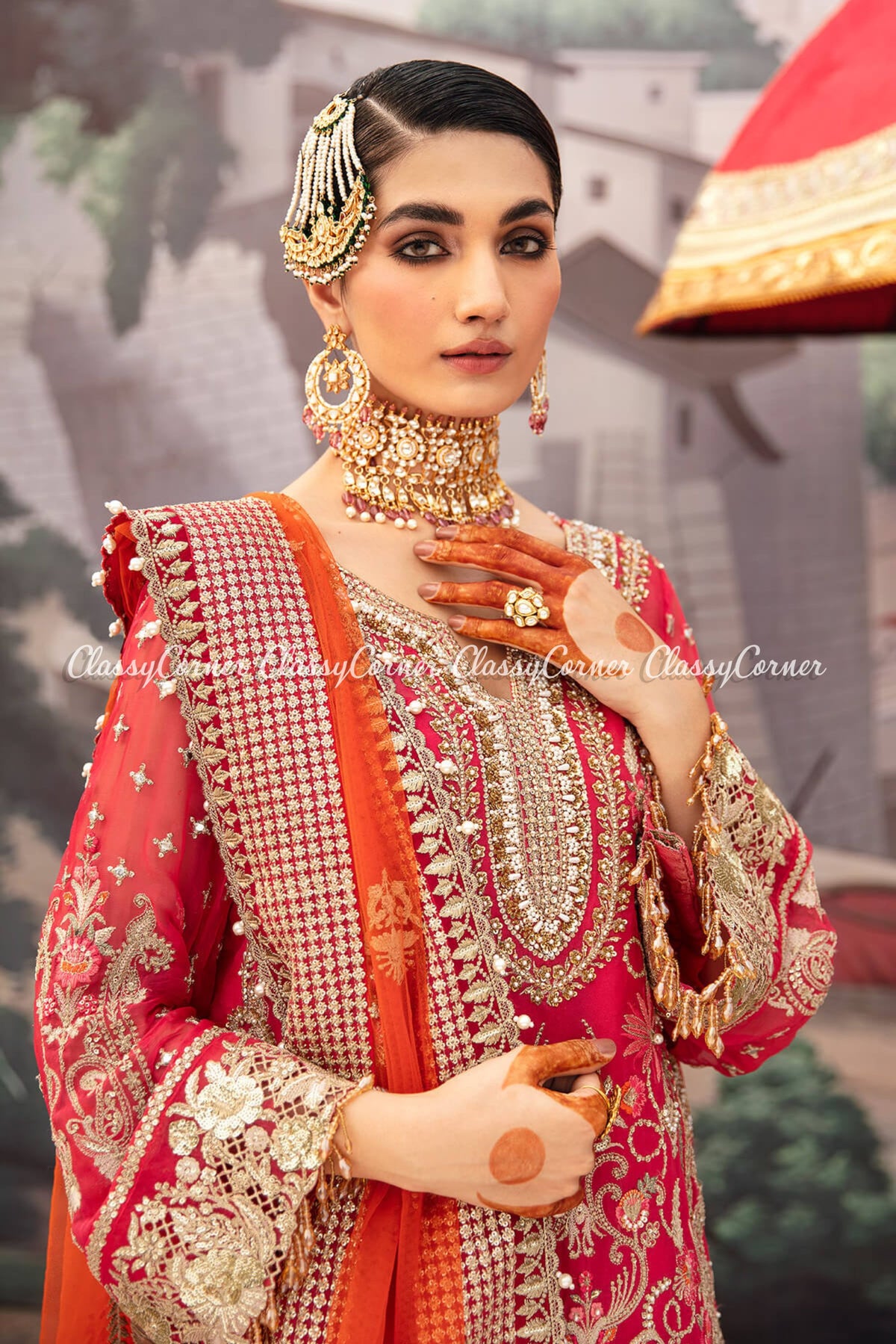 Hot Pink Orange Chiffon Bridal Wear Sharara