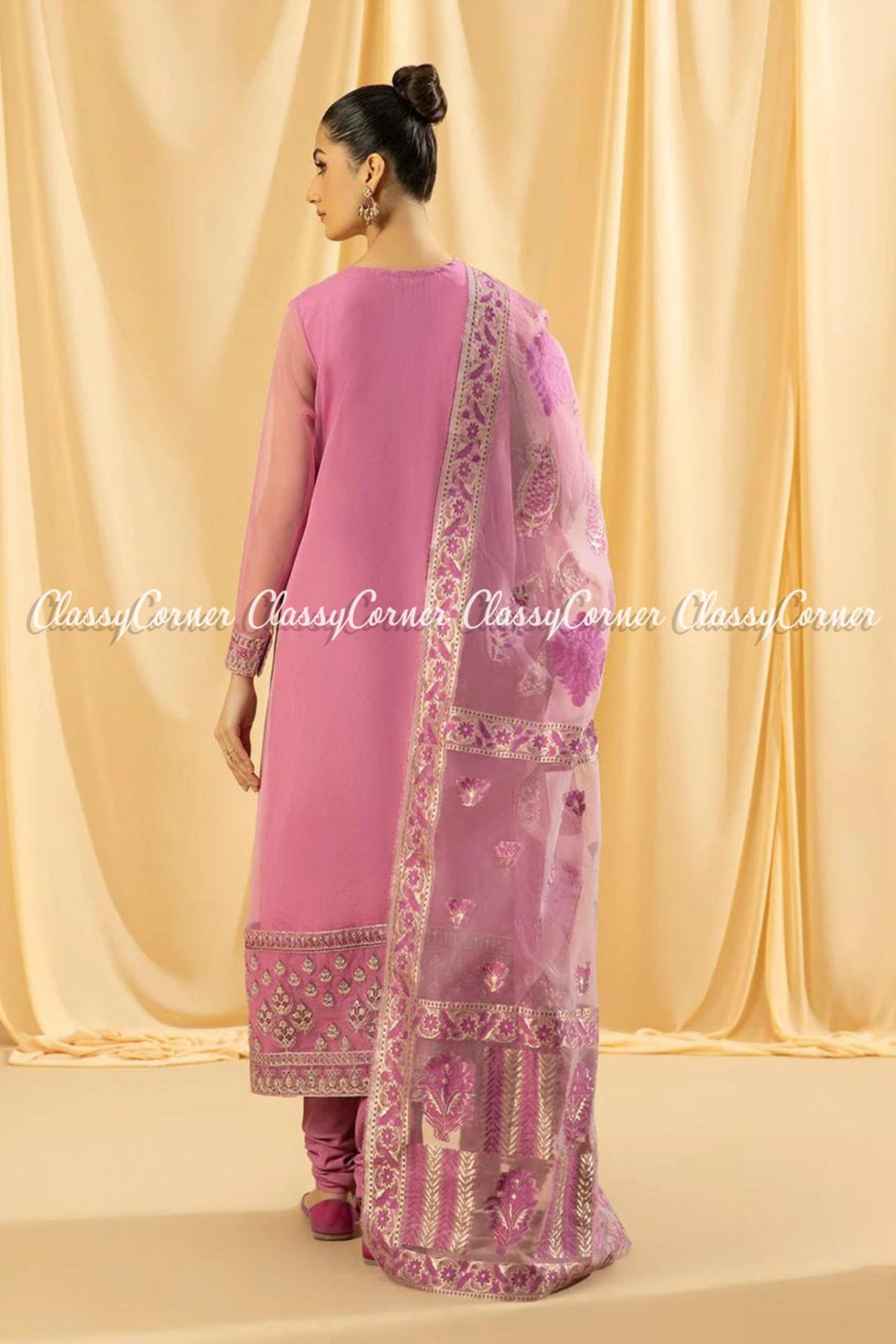 Pink White Pakistani Organza Embellished Formal Wear Dress