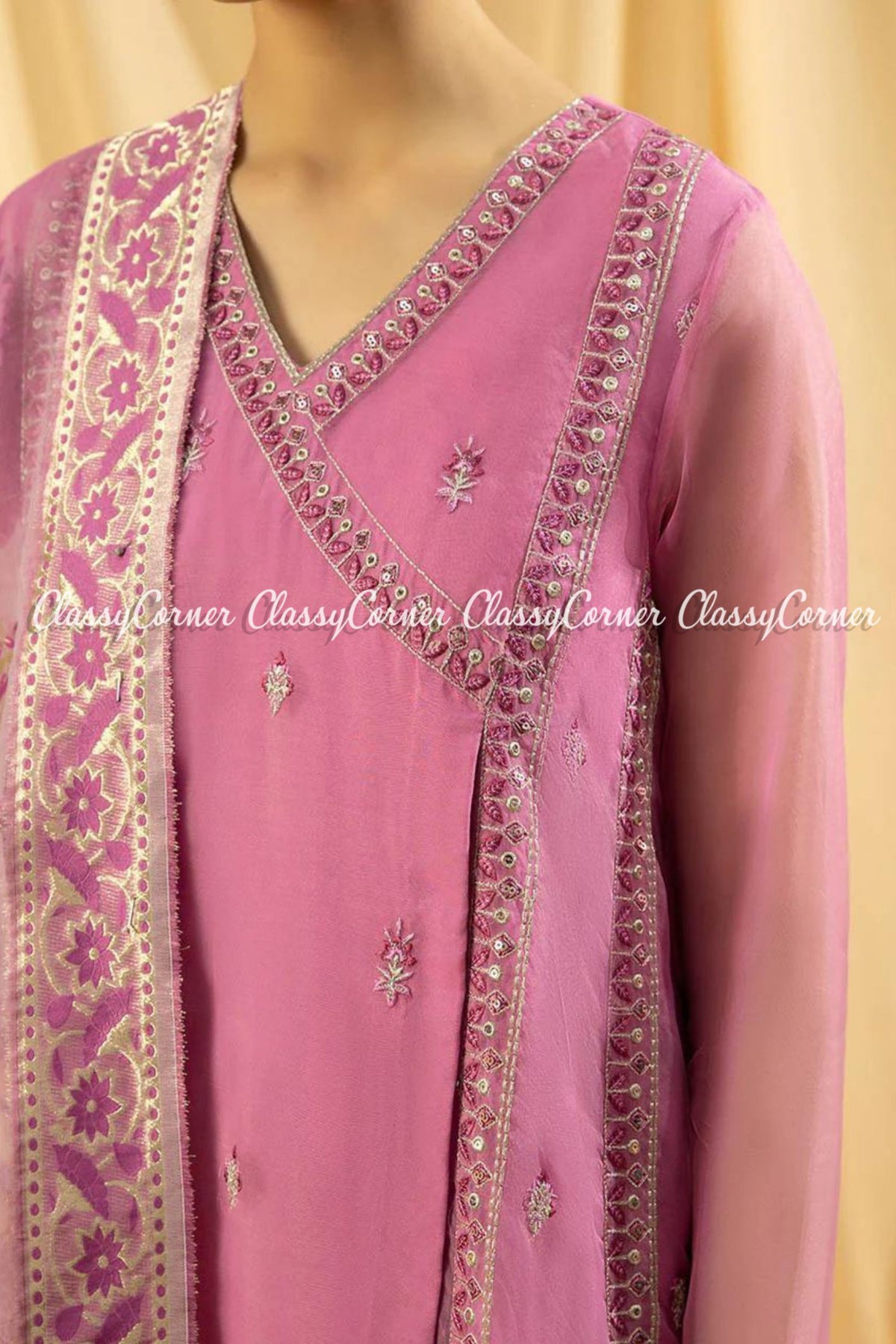 Pink White Pakistani Organza Embellished Formal Wear Dress