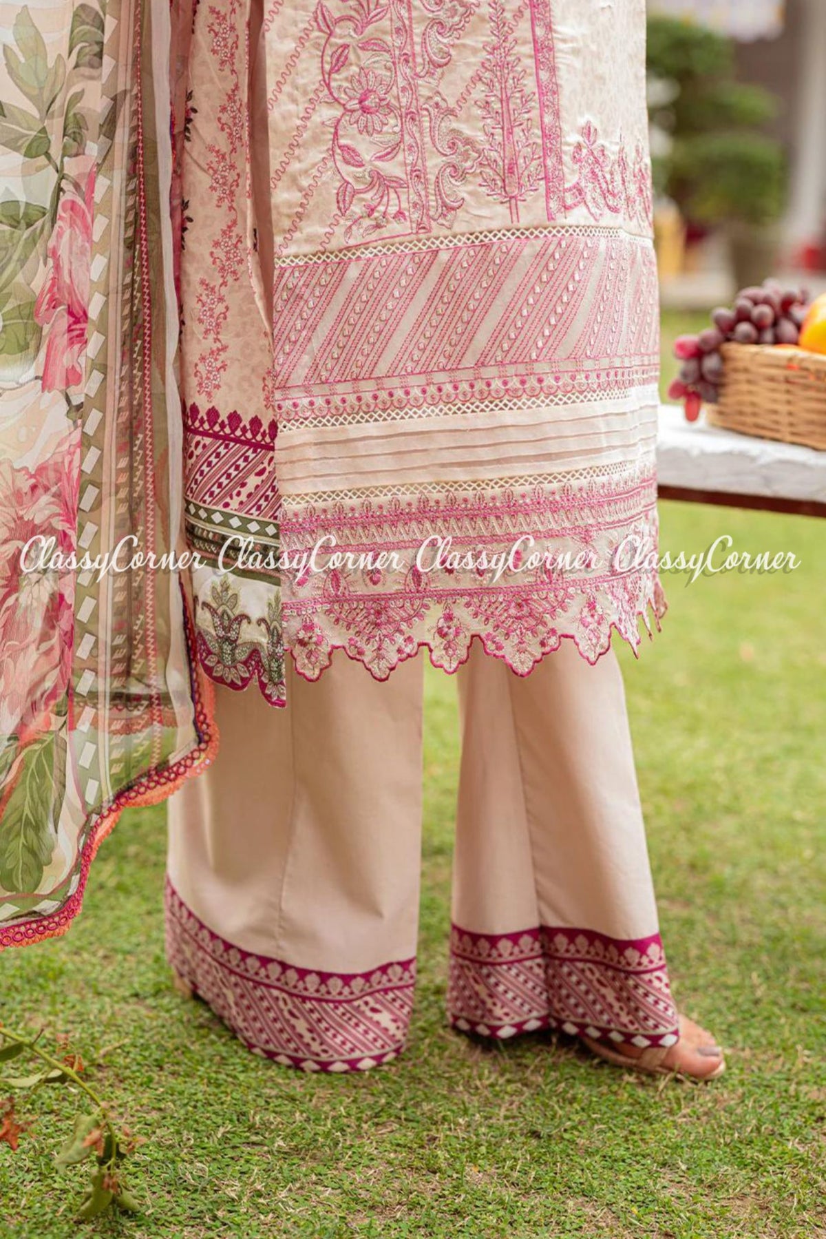 White Pink Digital Printed Embroidered Lawn Salwar Kameez