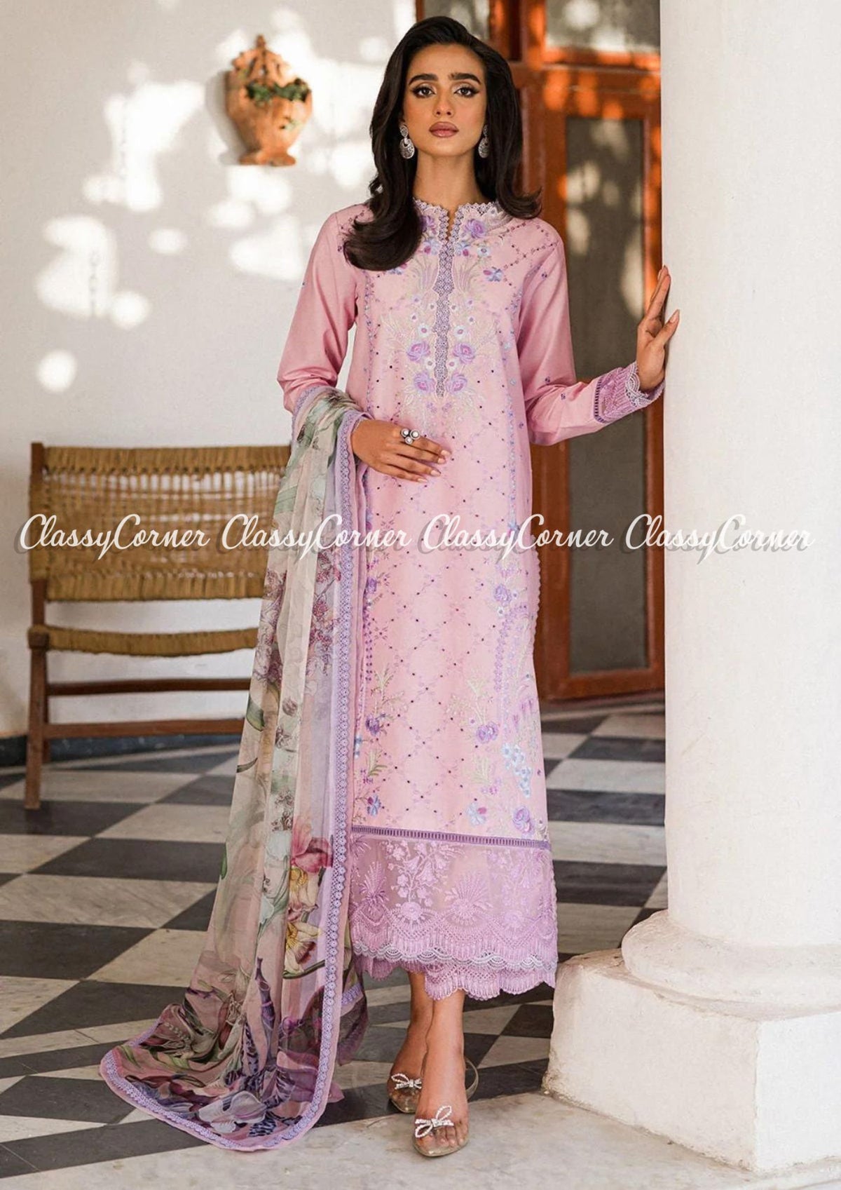 Tea Pink Lilac Lawn Embroidered Semi Formal Wear Salwar Kameez