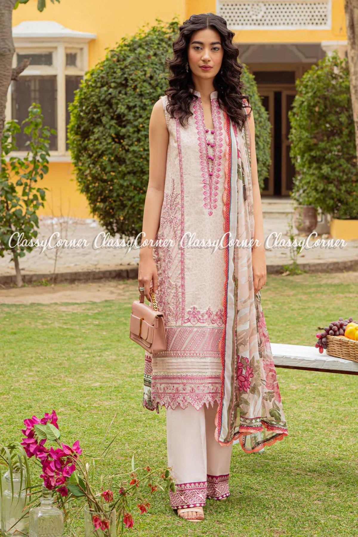 White Pink Digital Printed Embroidered Lawn Salwar Kameez