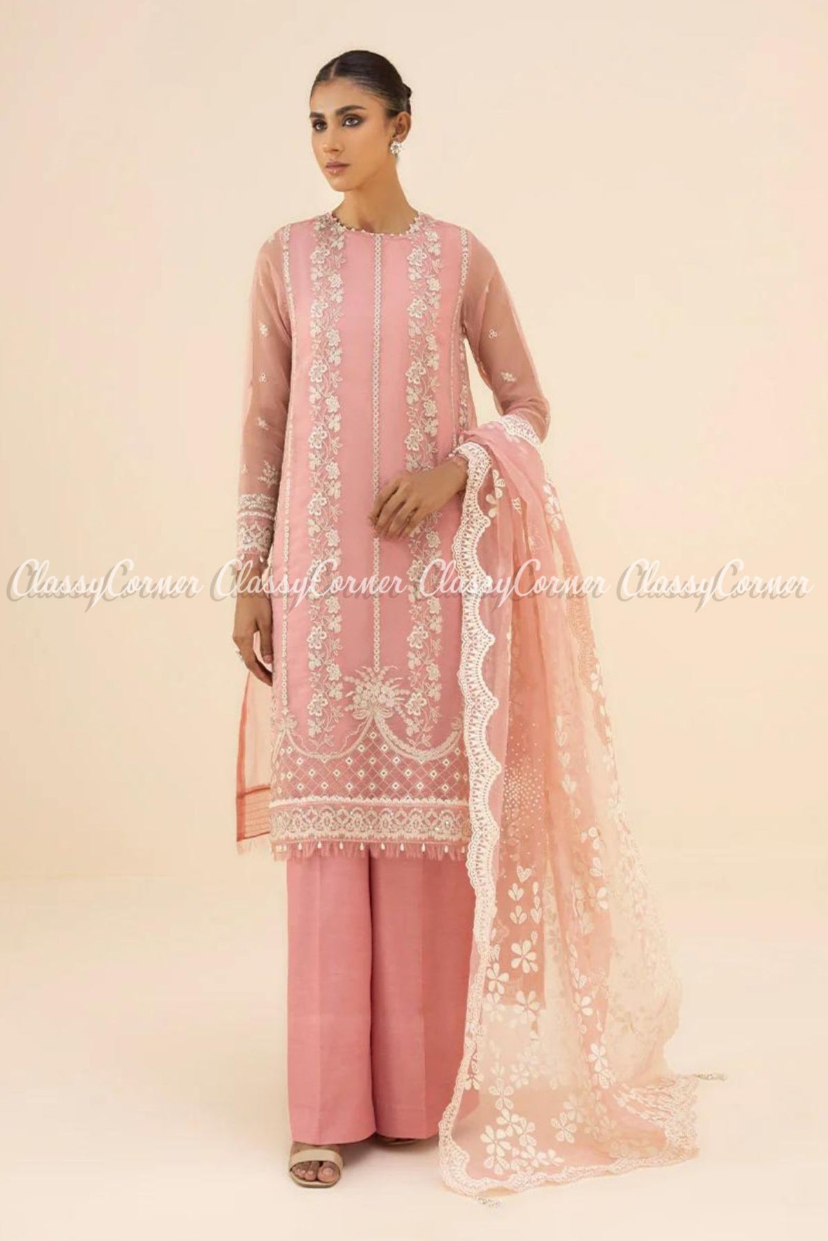 Pink White Organza Embroidered Party Wear Salwar Kameez