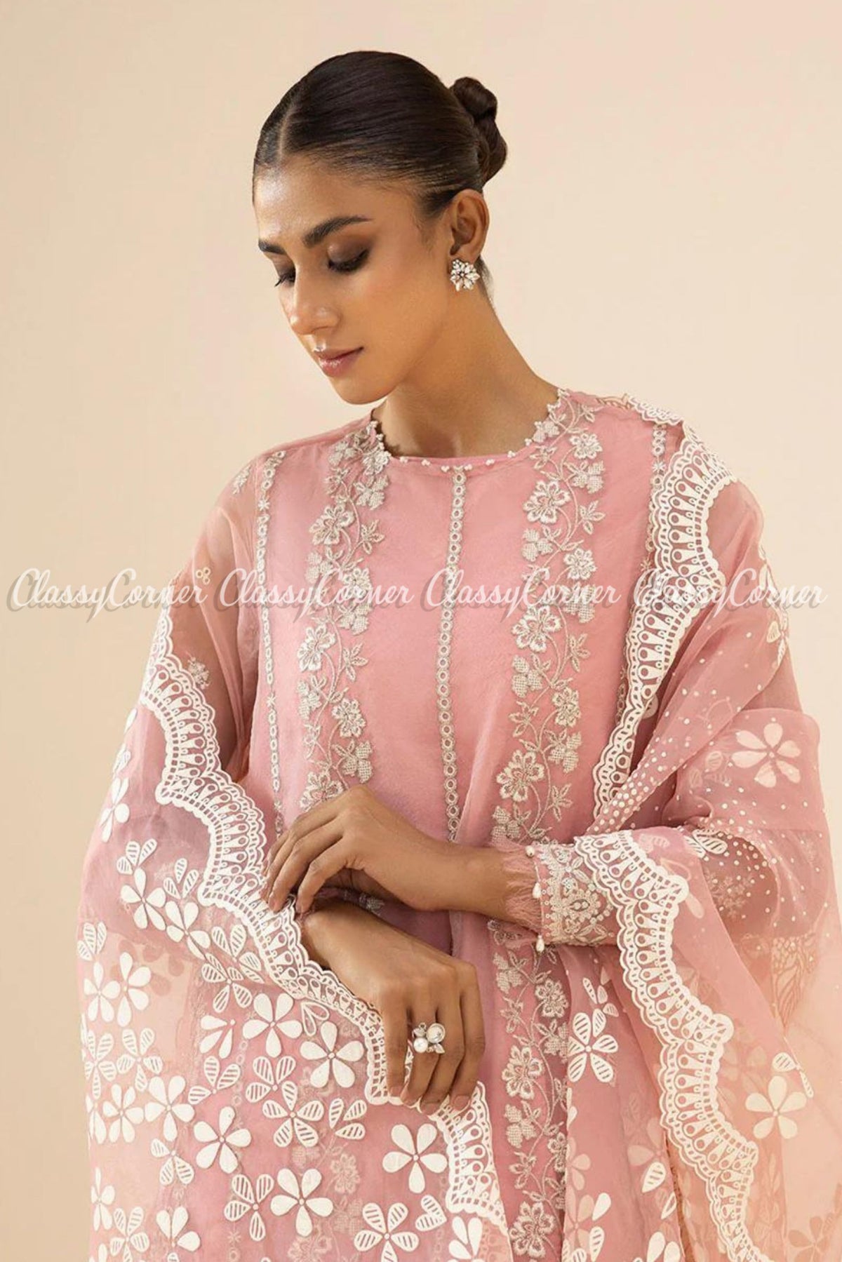 Pink White Organza Embroidered Party Wear Salwar Kameez