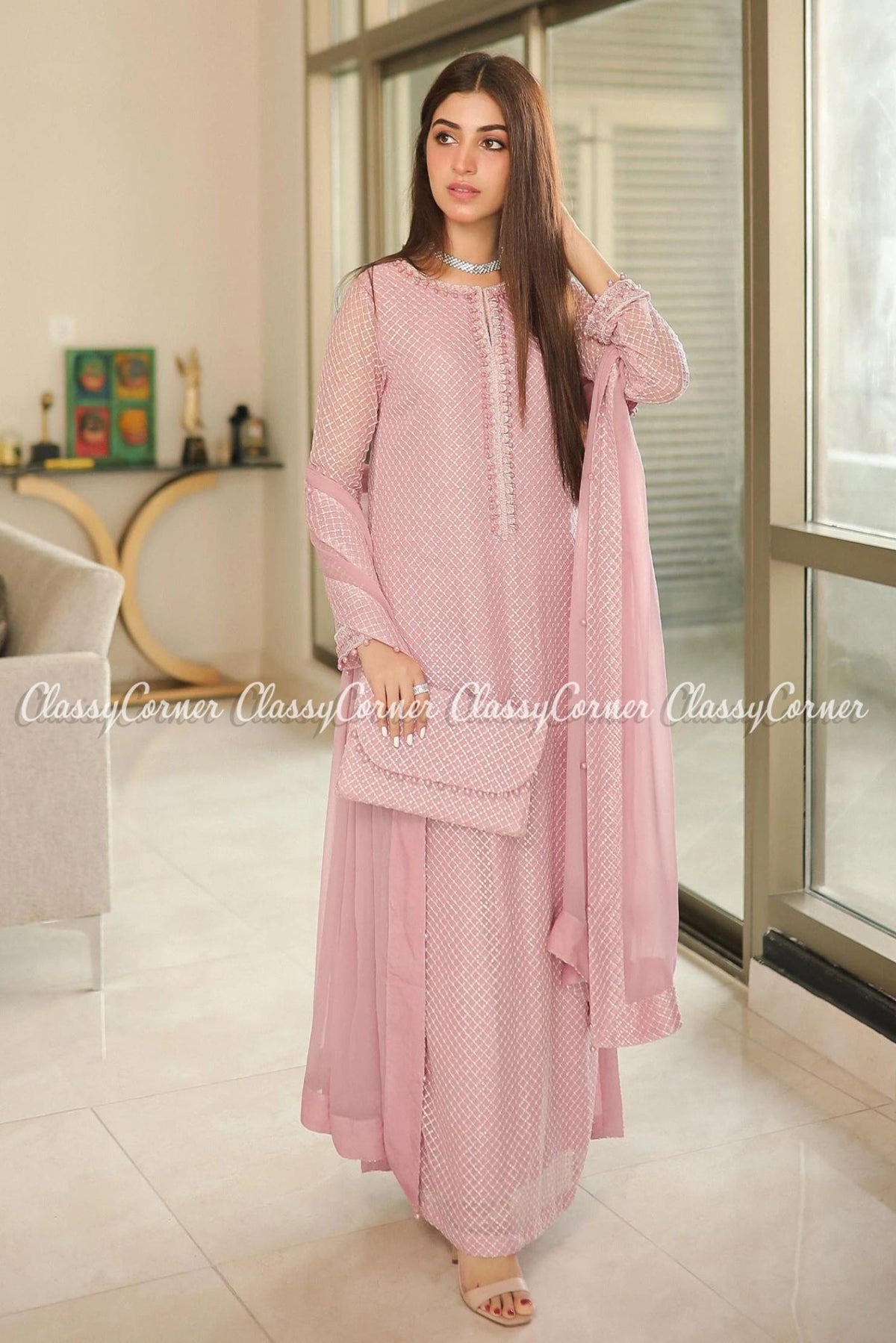 Tea Pink Chiffon Pakistani Party Wear Salwar Kameez