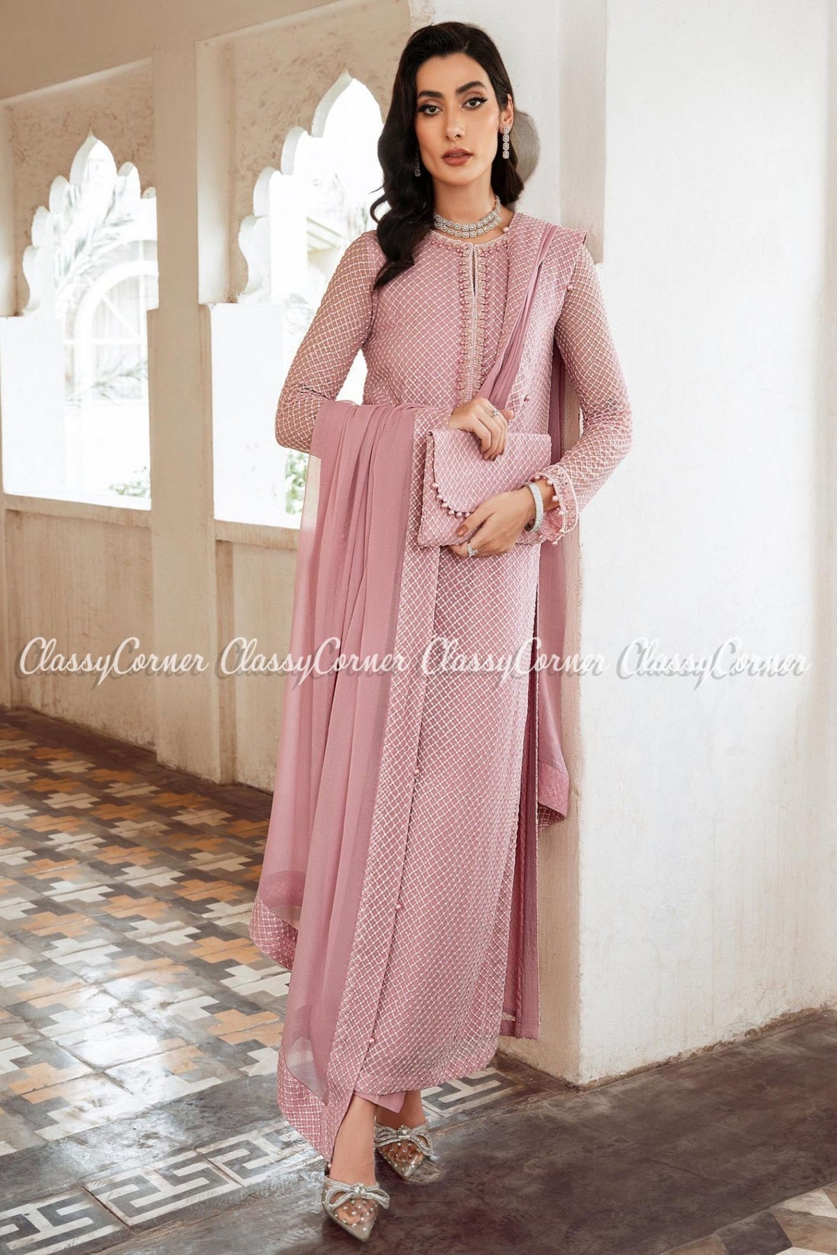 Tea Pink Chiffon Pakistani Party Wear Salwar Kameez