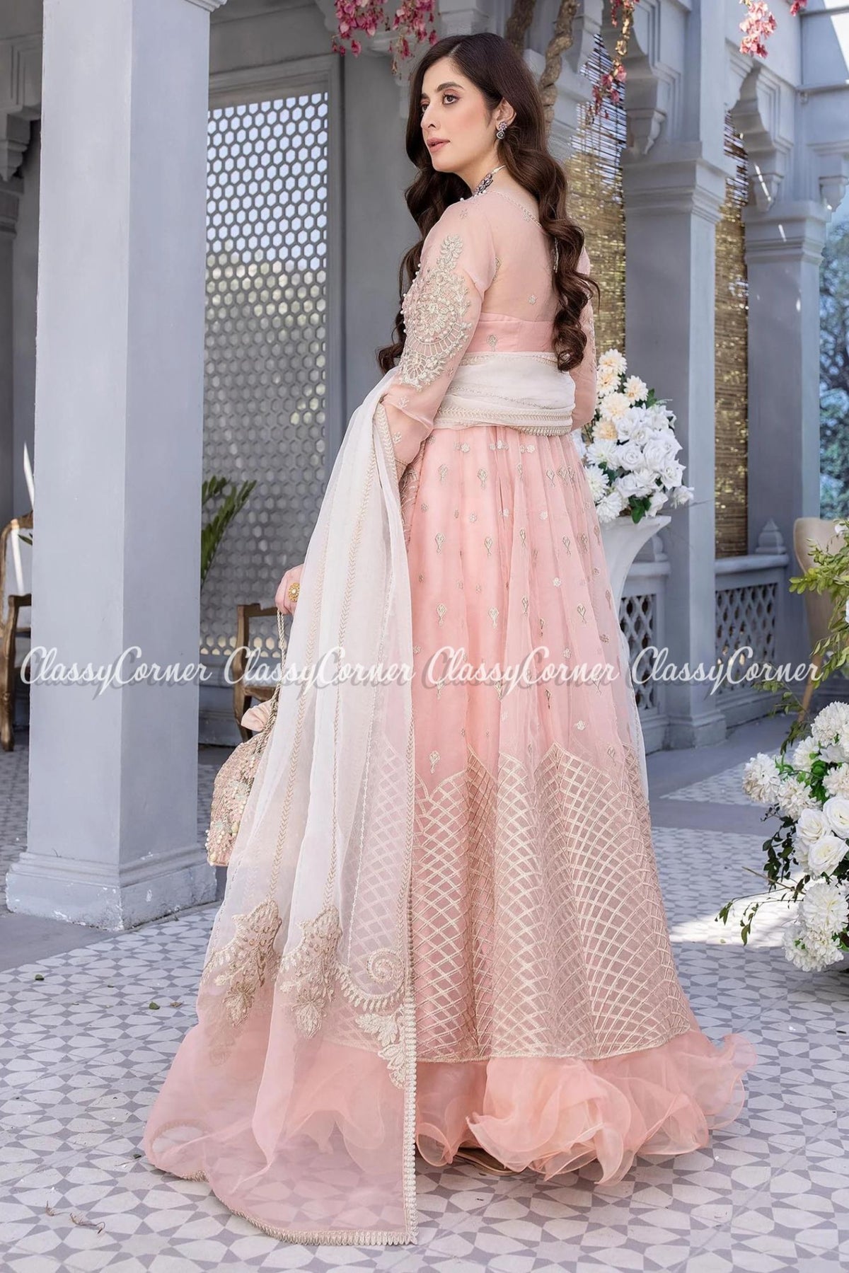 Pink Silver Organza Embroidered Wedding Wear Gown