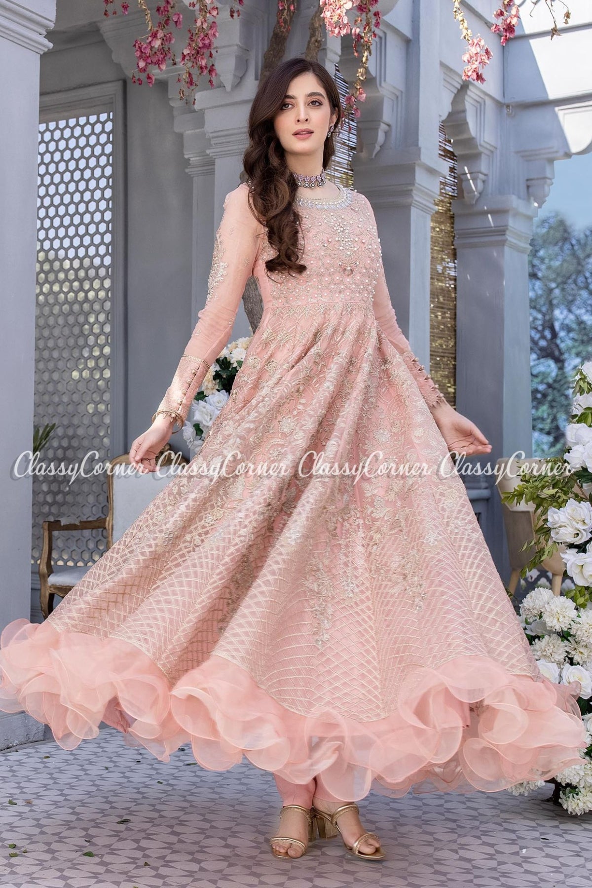 Pink Silver Organza Embroidered Wedding Wear Gown