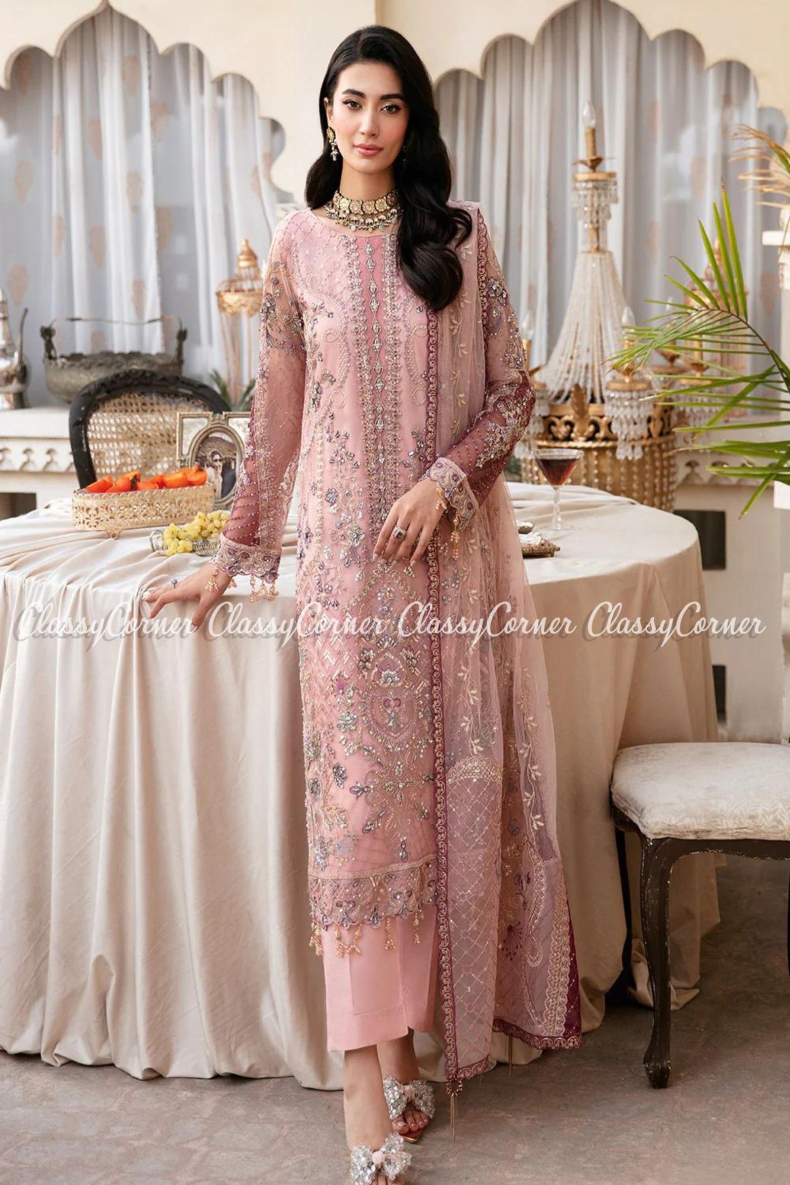 pakistani gown dress tea pink