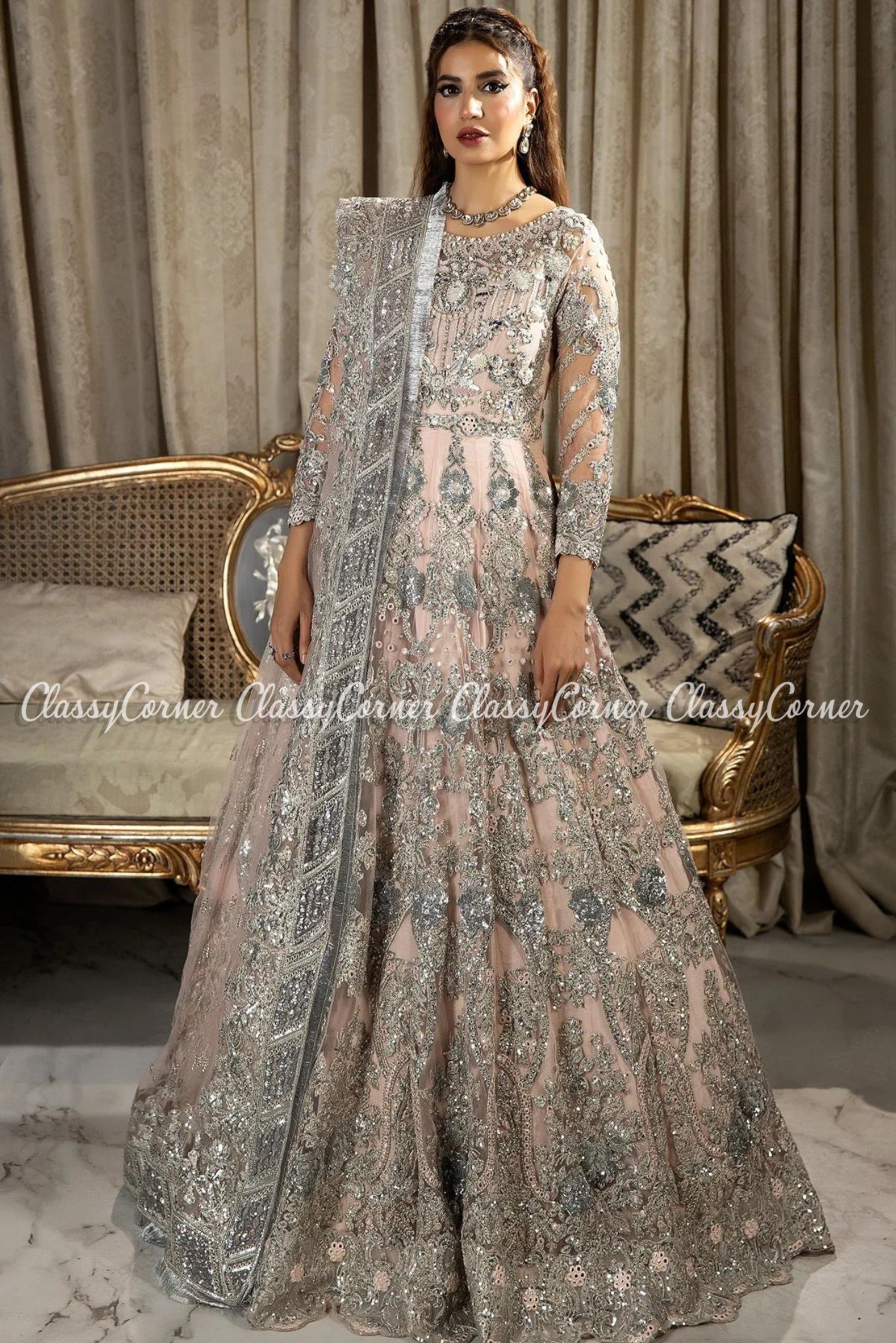 pakistani gown dress tea pink