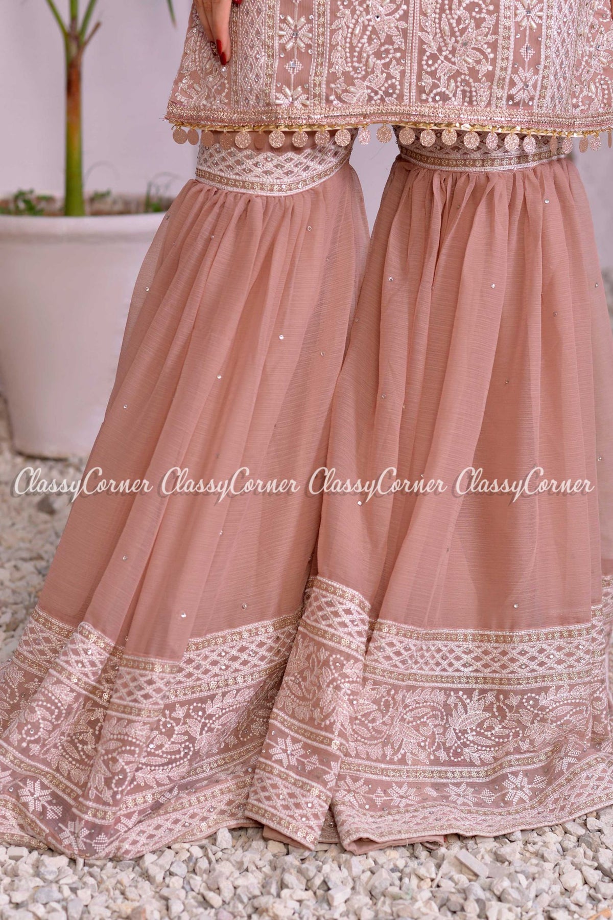 Pink Silver Chiffon Embroidered Wedding Wear Gharara Outfit