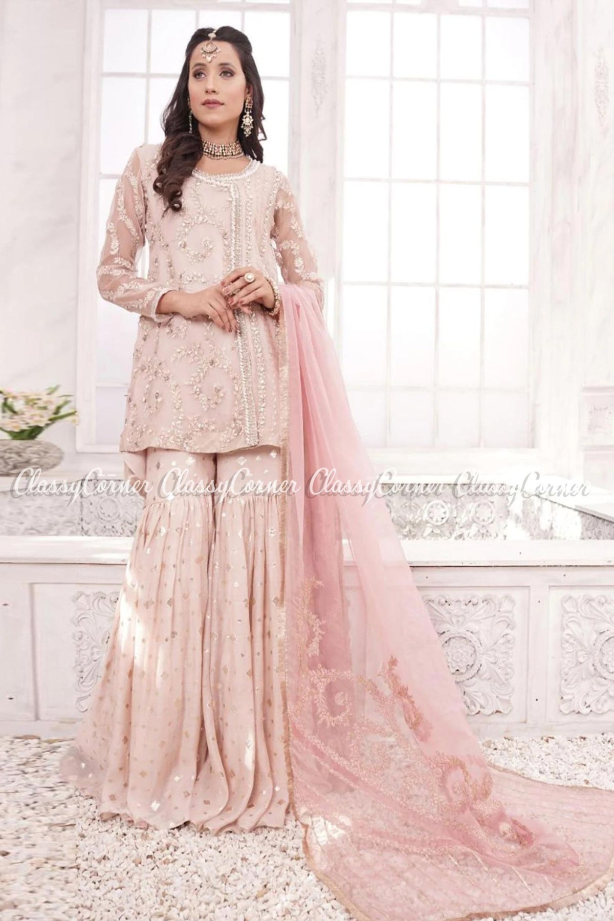 Pink Silver Silk Organza Bridal Wear Gharara