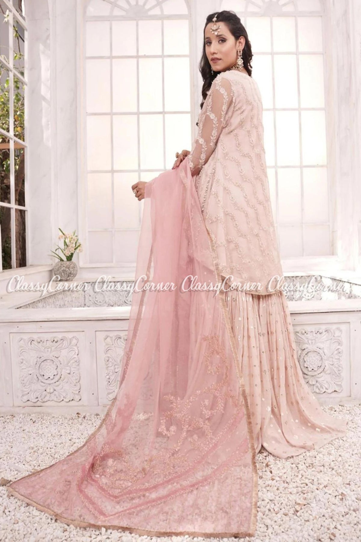 Pink Silver Silk Organza Bridal Wear Gharara