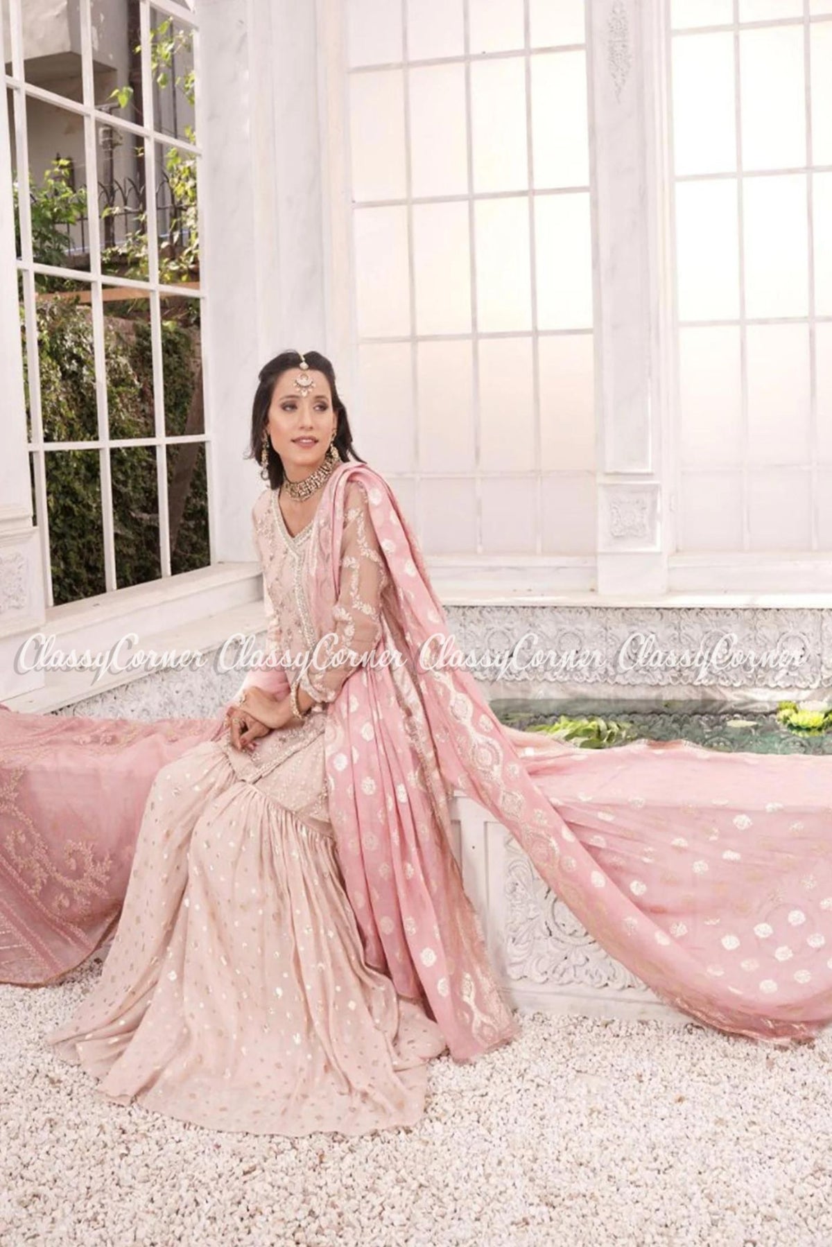 Pink Silver Silk Organza Bridal Wear Gharara