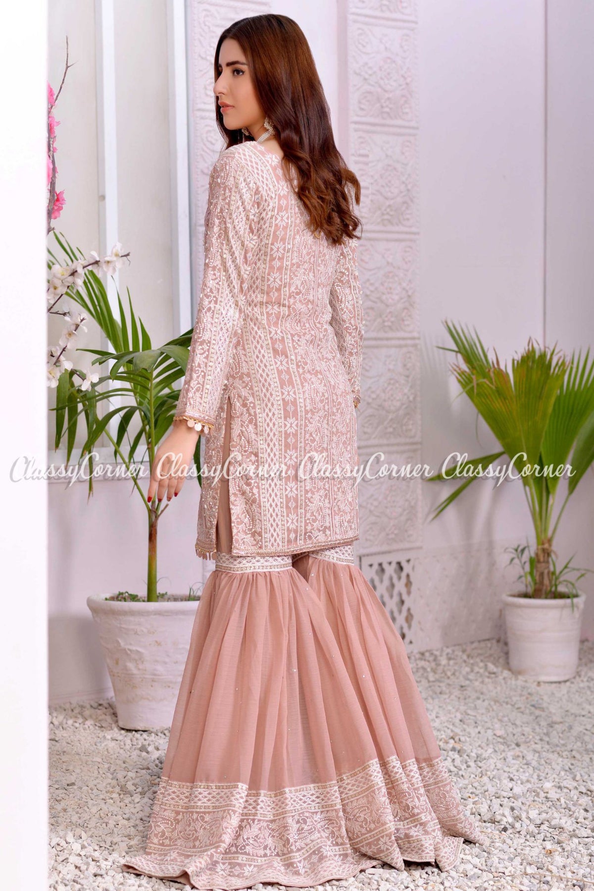 Pink Silver Chiffon Embroidered Wedding Wear Gharara Outfit