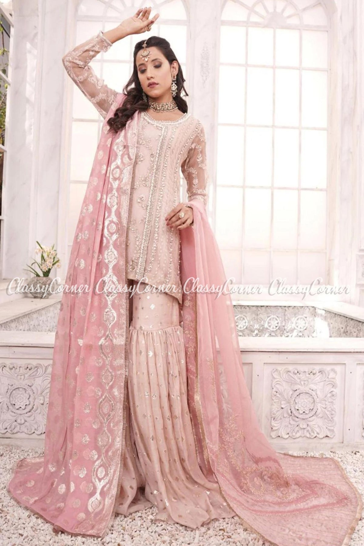 Pink Silver Silk Organza Bridal Wear Gharara