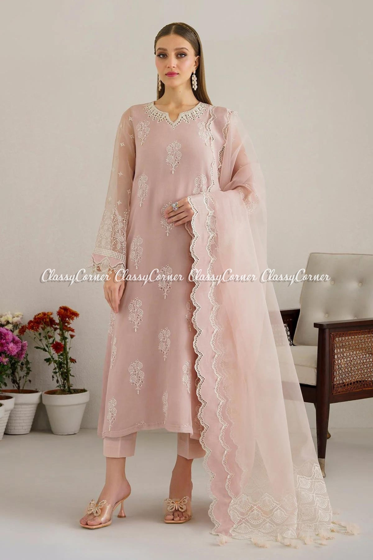 Light Pink Chiffon Embroidered Pakistani Suit