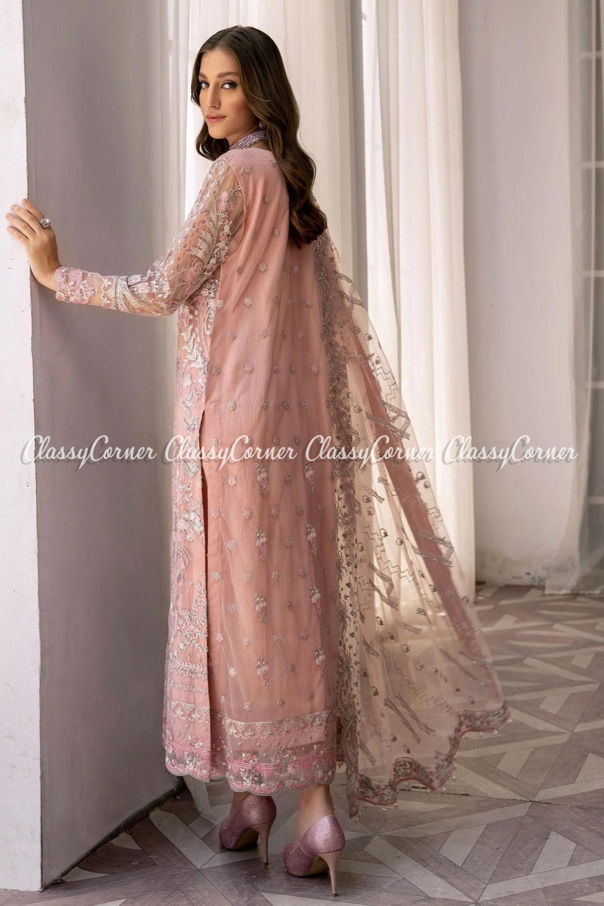 Pink Silver Net Embroidered Salwar Kameez