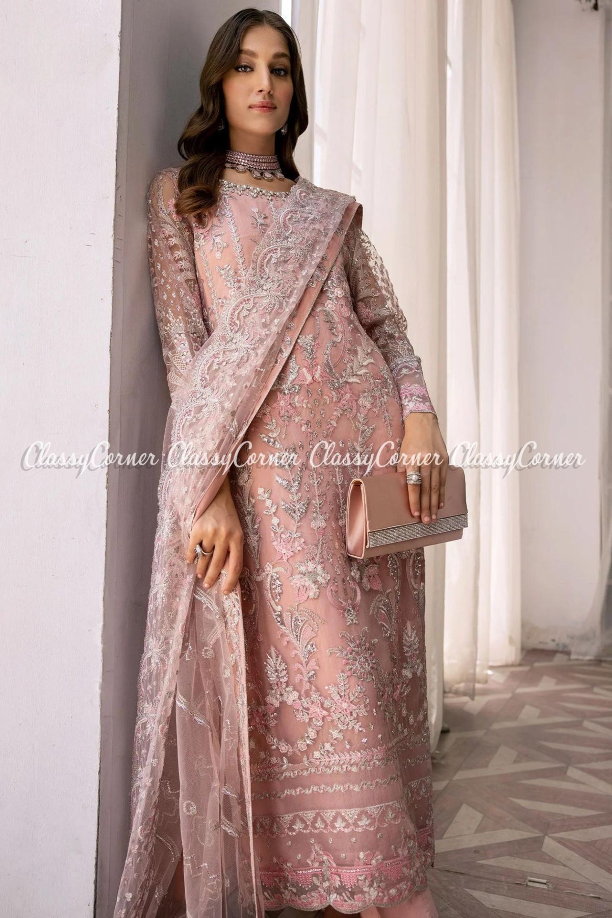 Pink Silver Net Embroidered Salwar Kameez