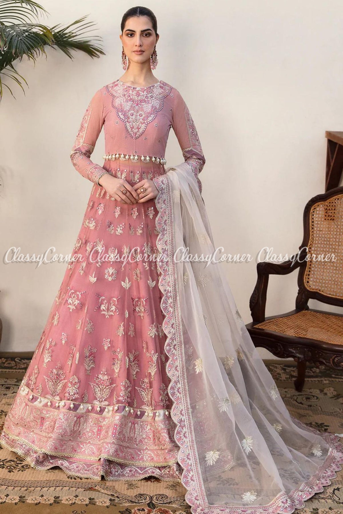 Pink White Net Embroidered Party Wear Gown Lehenga