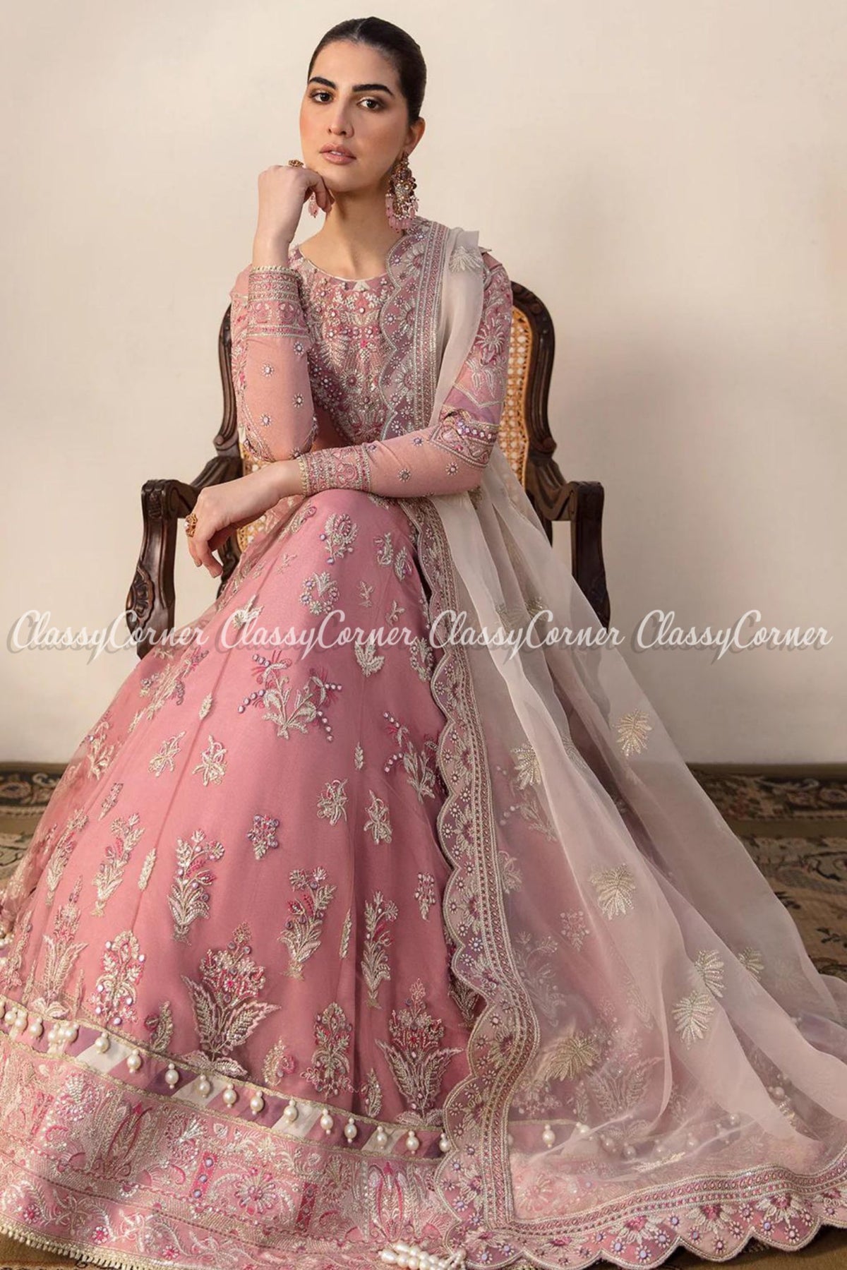 Pink White Net Embroidered Party Wear Gown Lehenga